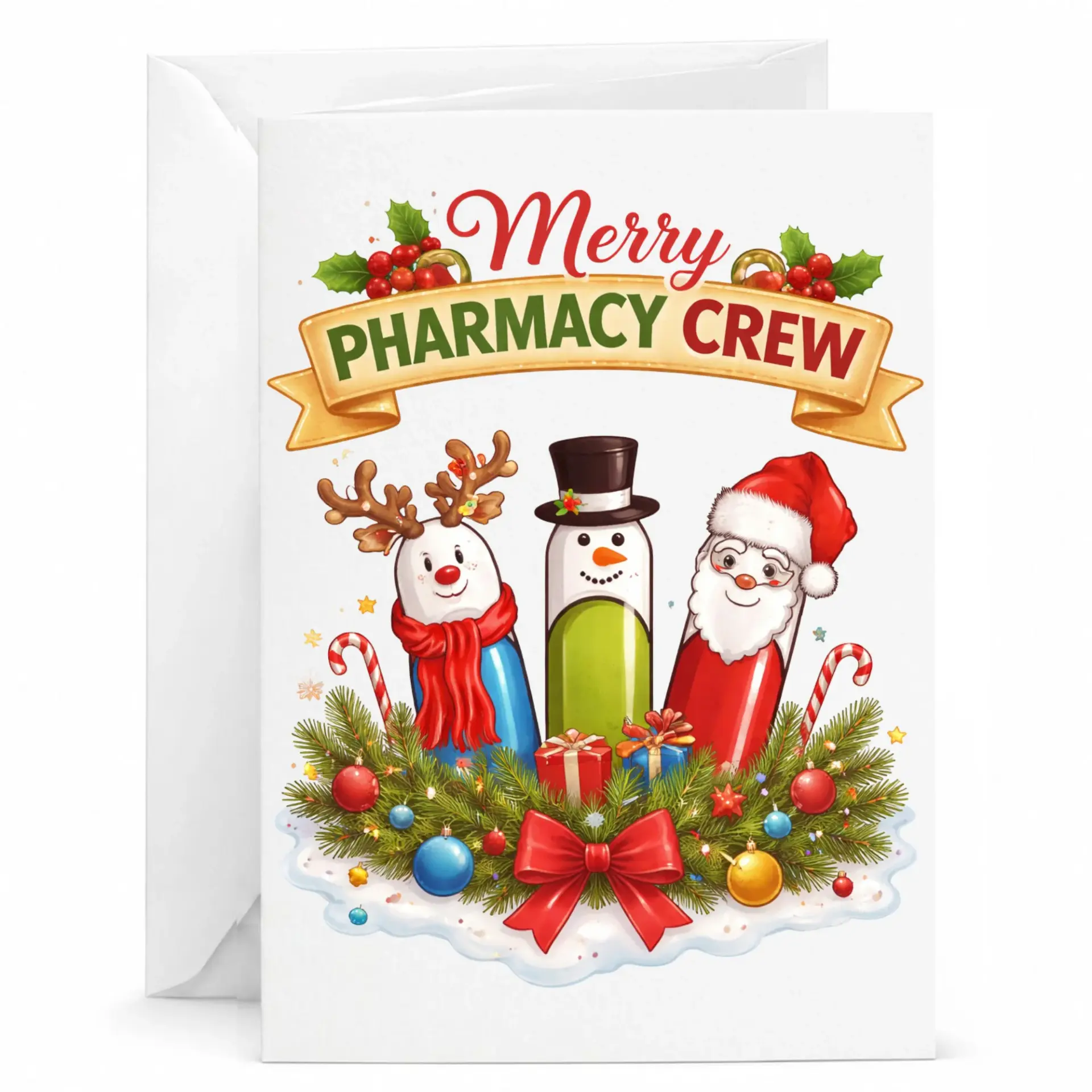 Funny Merry Pharmacy Crew Greeting Card, Holiday Prescription Pill Bottle Characters Design, Professional Seasonal Card