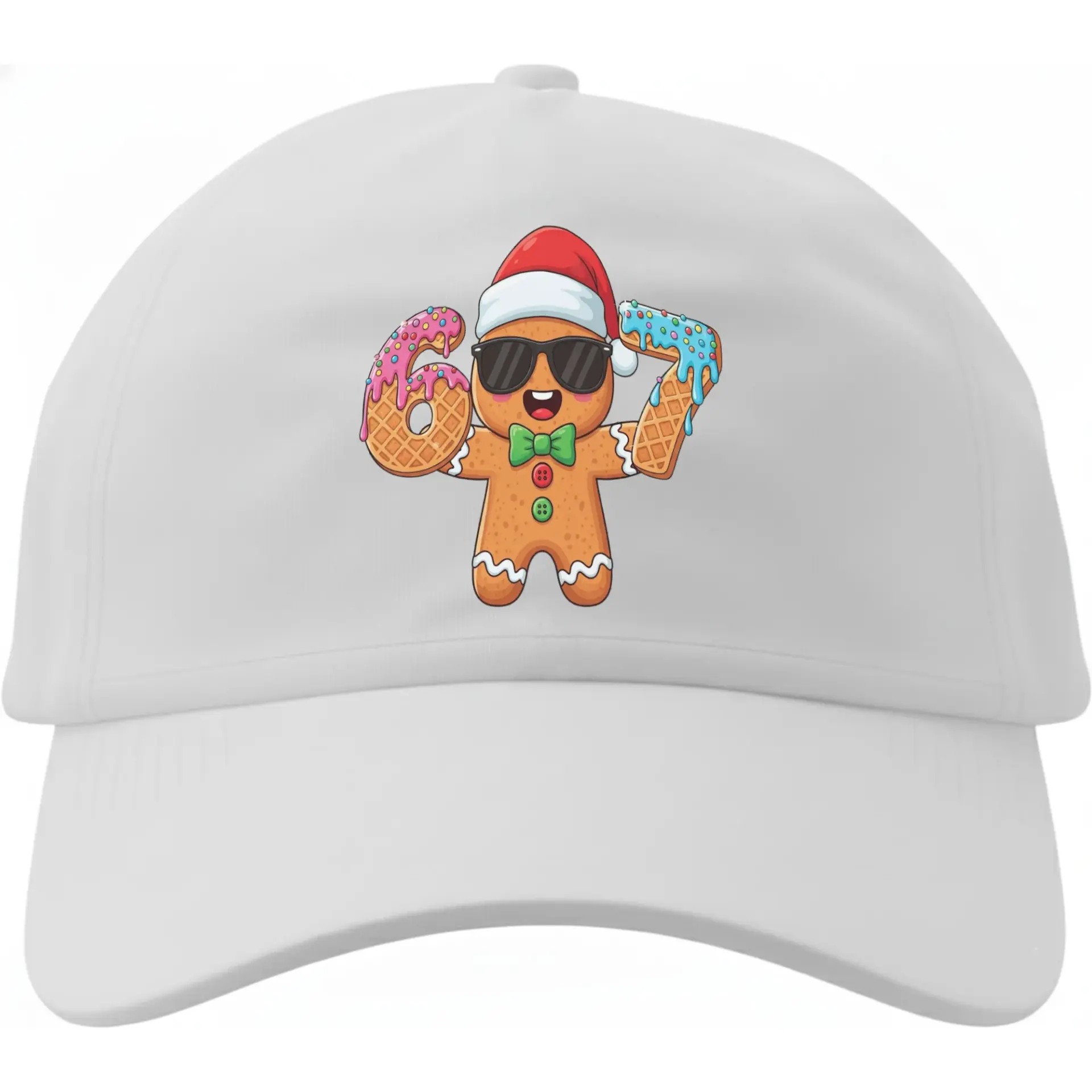 Dad Hat Baseball Cap Featuring Cute Gingerbread Cookie Holding Numbers Sixty Seven with Santa Hat and Sunglasses