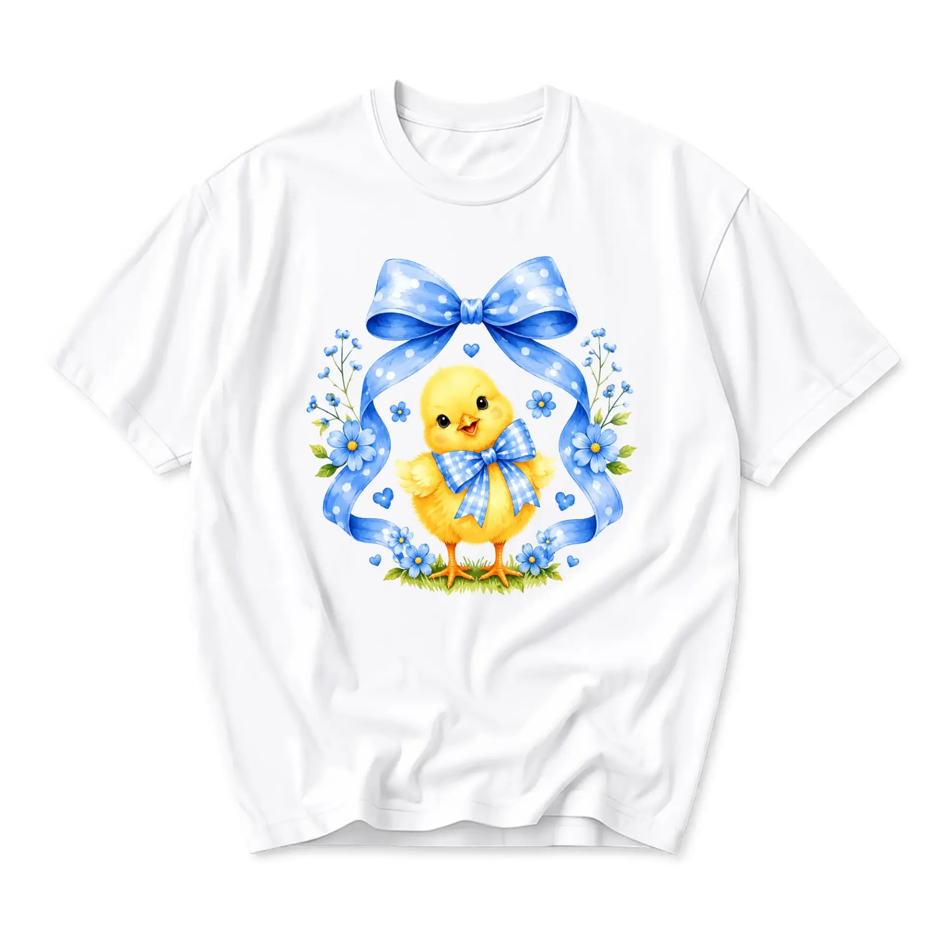 Graphic Tee Cute Yellow Chick with Blue Bow Illustration Unisex Cotton Crew Neck Casual Everyday Short Sleeve Shirt