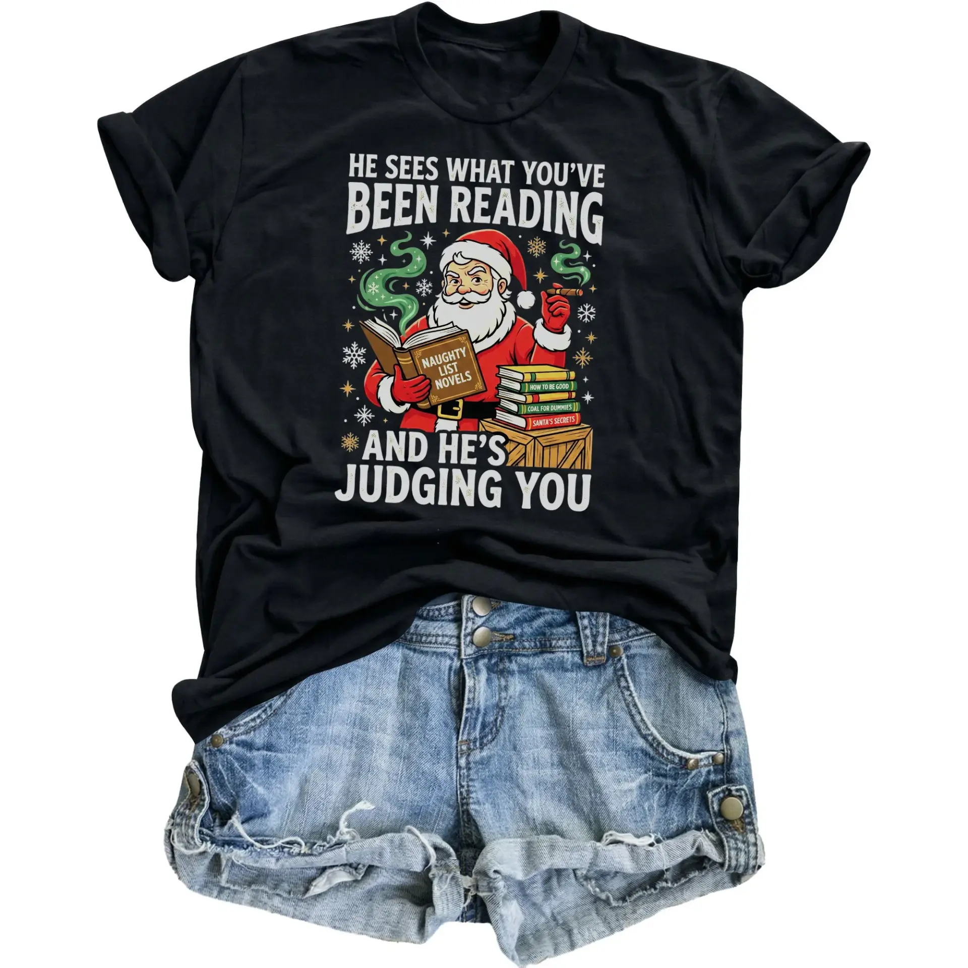 Funny Christmas Graphic Tee Unisex Crew Neck Shirt Santa Book Gift for Holiday Season Party Apparel