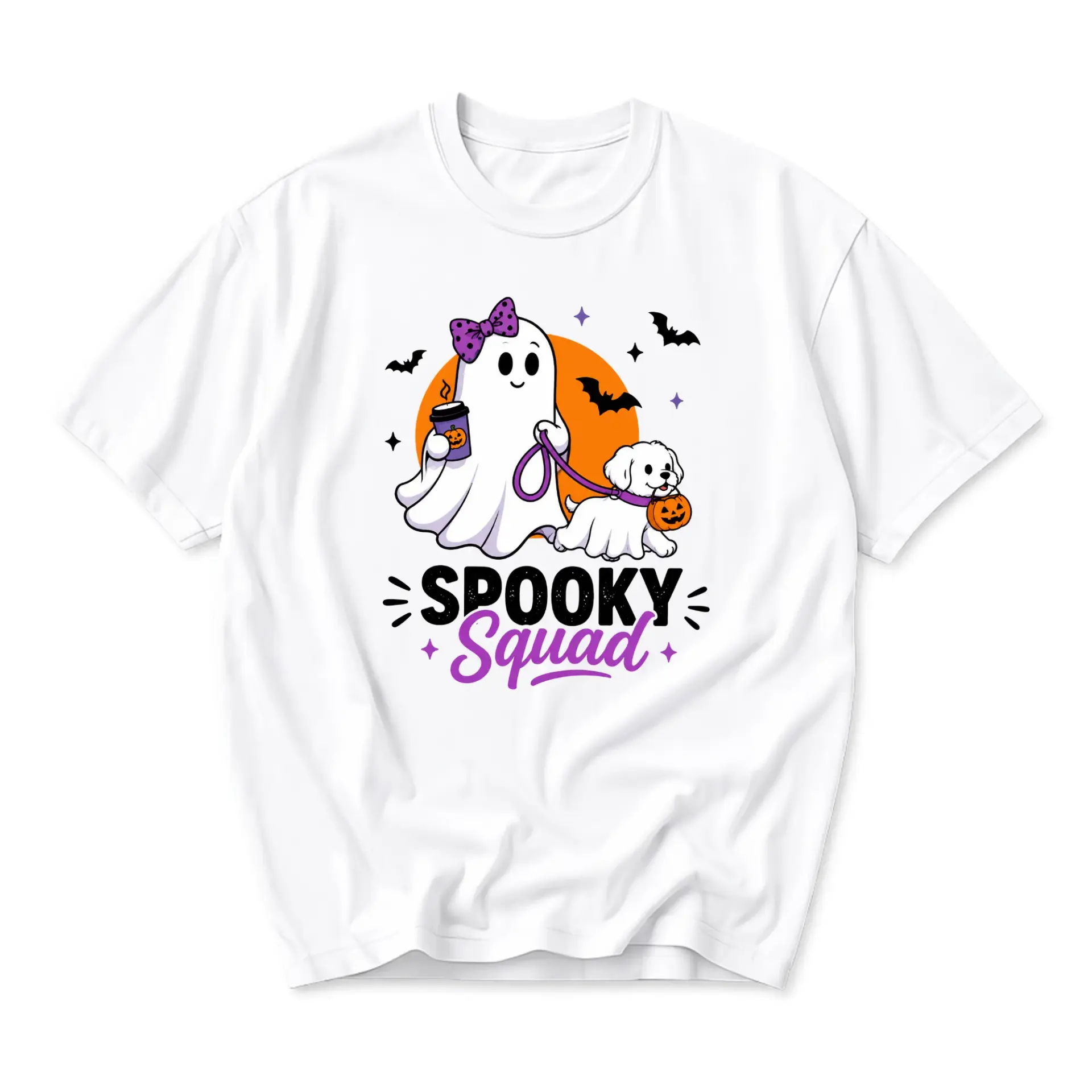 Funny Shirt Spooky Squad Ghost and Dog Halloween Graphic Tee Unisex Crew Neck Casual Cotton Blend Apparel