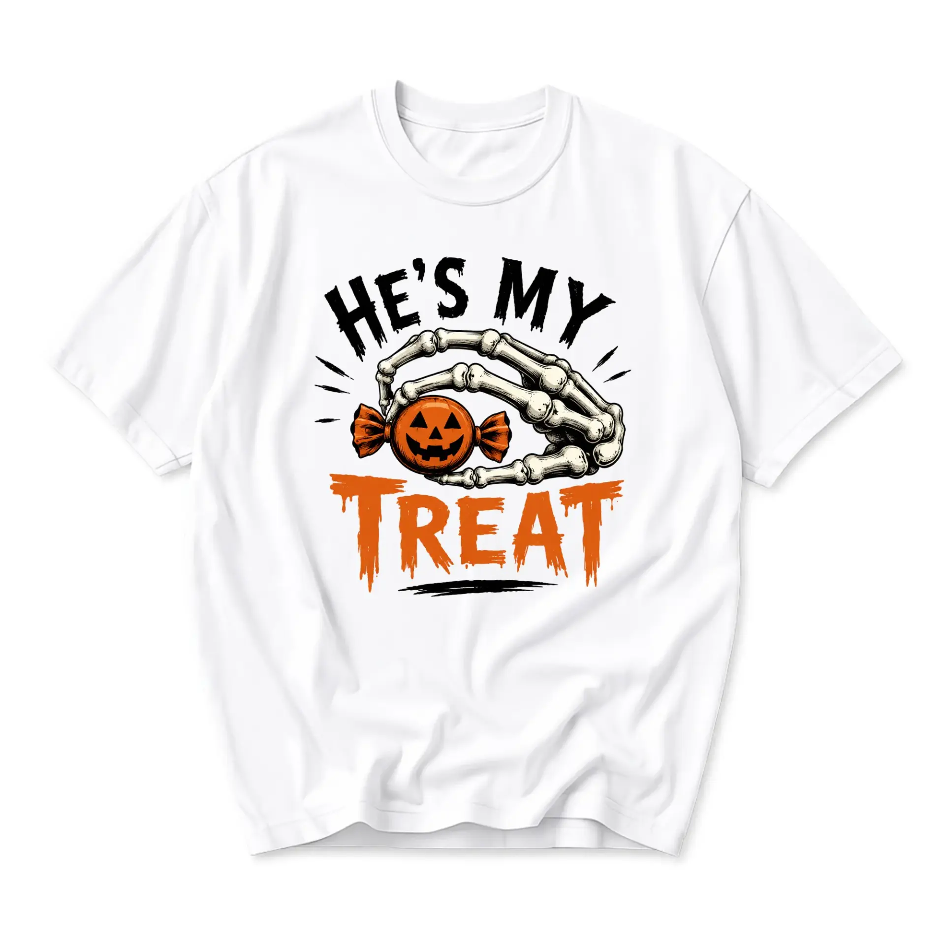 Funny Shirt He Is My Treat Skeleton Hand Holding Pumpkin Candy Graphic Tee Unisex Casual Apparel for Autumn Season