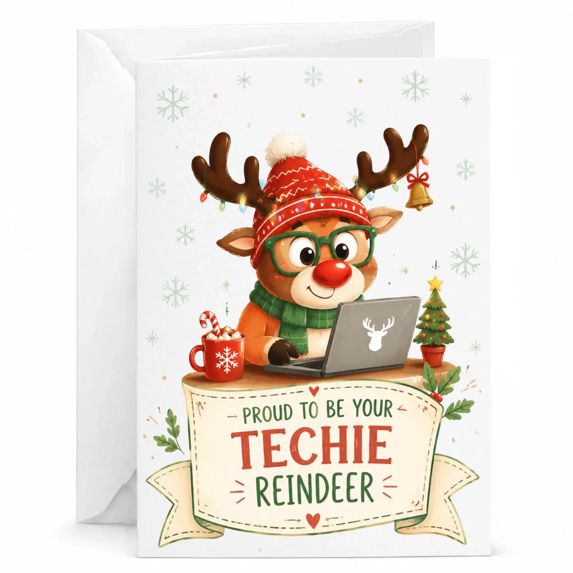 Greeting Card Proud to Be Your Techie Reindeer Funny Holiday Illustration for Office Colleagues and Friends