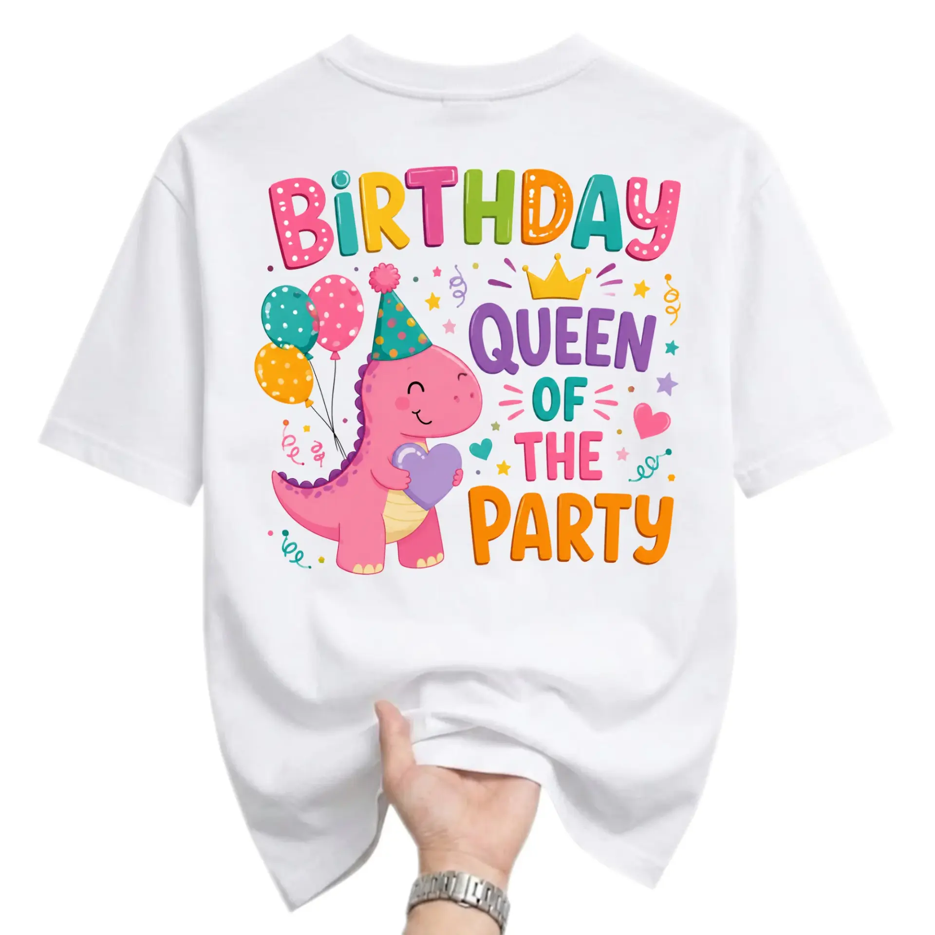 Graphic Tee Birthday Queen of the Party Dinosaur Illustration Unisex Cotton Crew Neck Casual Short Sleeve Shirt