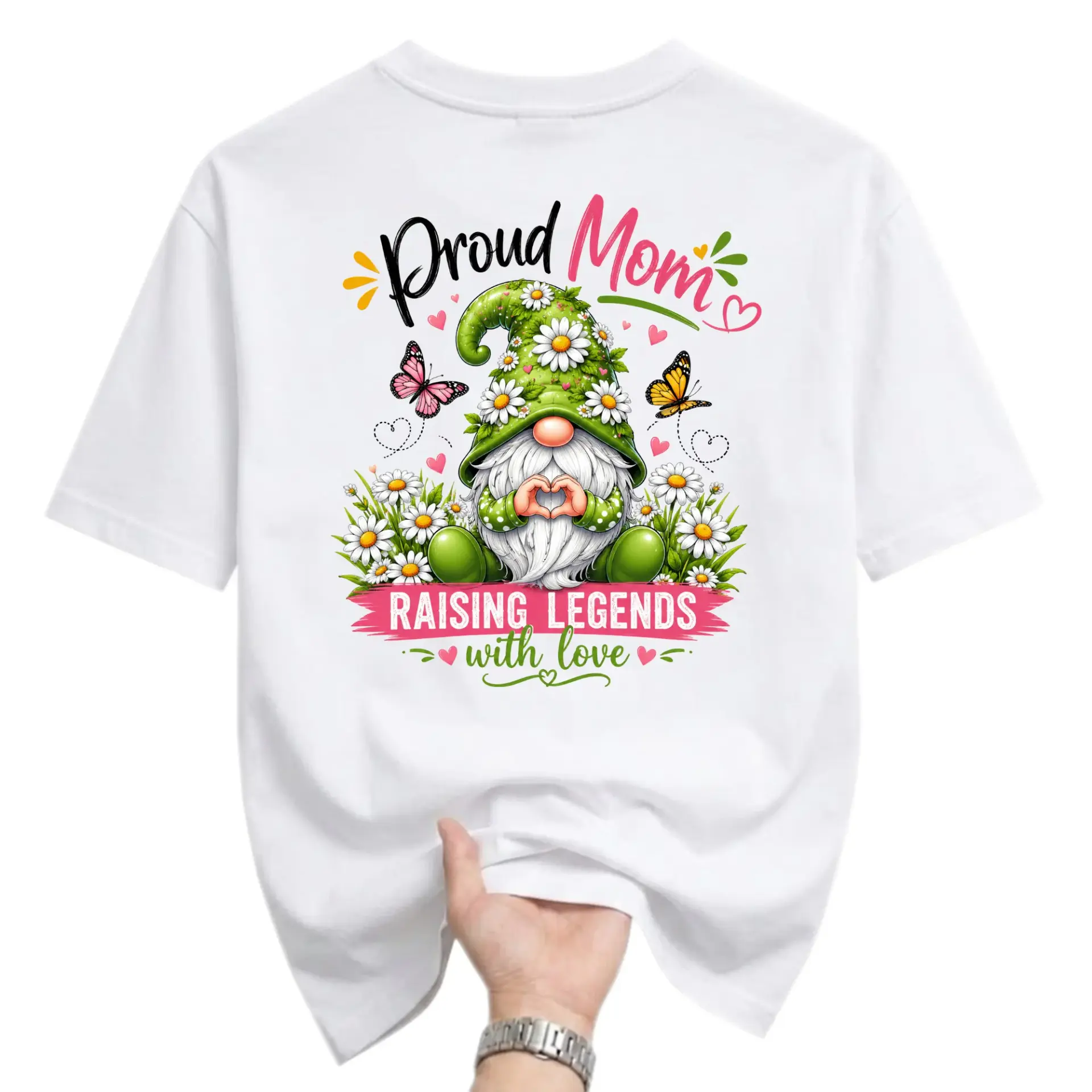 Graphic Tee Proud Mom with Love Shirt Cute Gnome Design Unisex Crew Neck