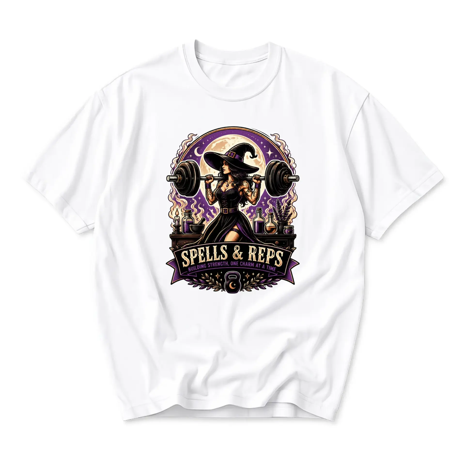 Funny Shirt Spells and Reps Witch Weightlifting Graphic Tee Unisex Casual Crew Neck Heavyweight Cotton Everyday Apparel