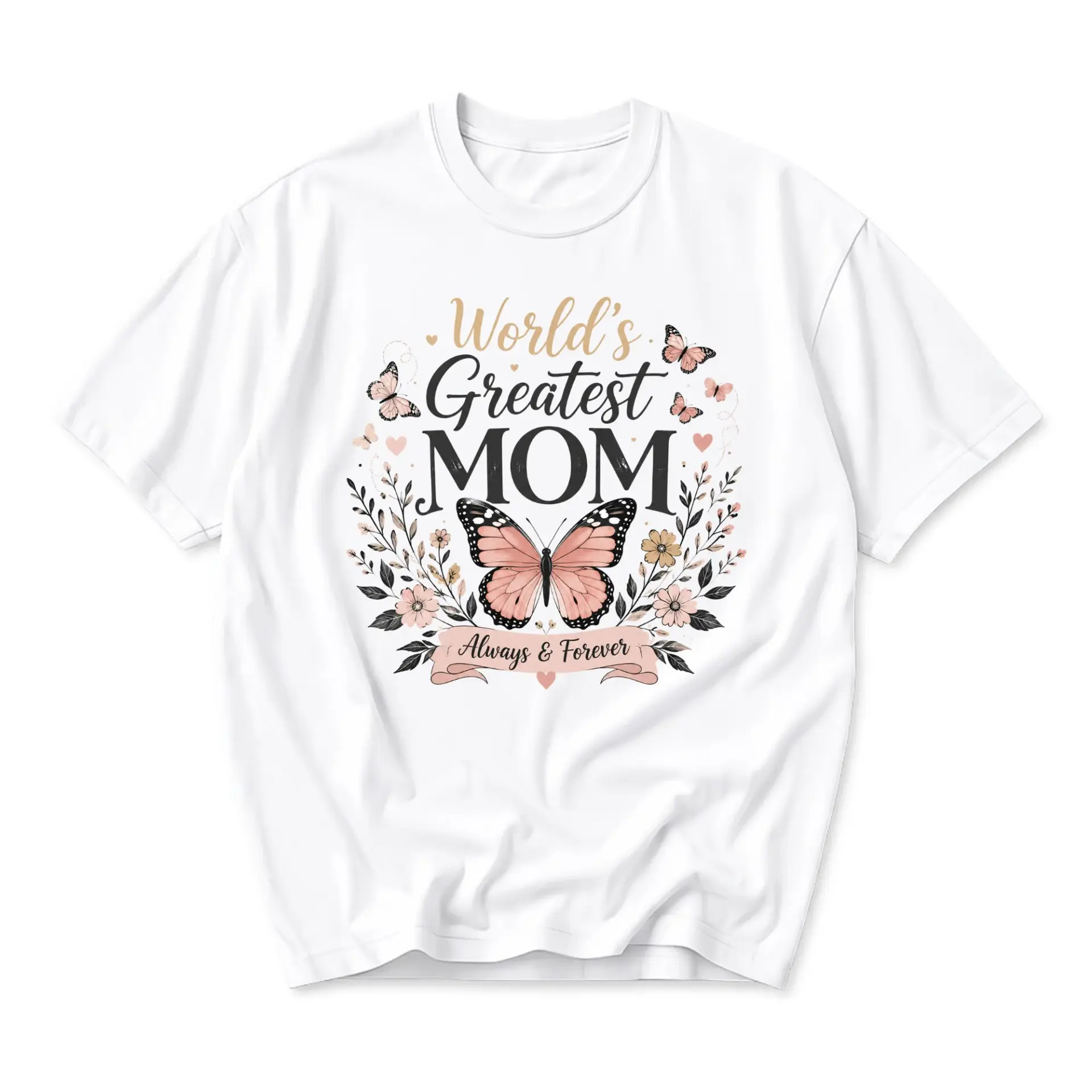 Graphic Tee World's Greatest Mom Butterfly Floral Print Unisex Crew Neck Casual Shirt Soft Everyday Apparel Top