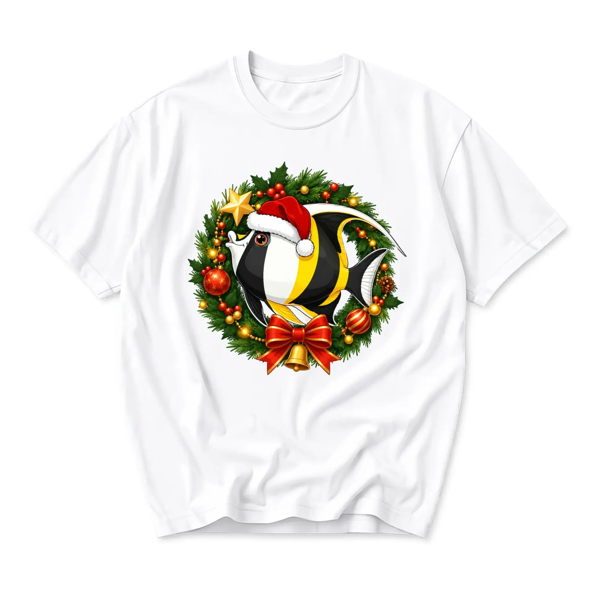 Graphic Tee Tropical Fish in Christmas Wreath Print Holiday Season Apparel Unisex Crew Neck Casual Cotton Shirt