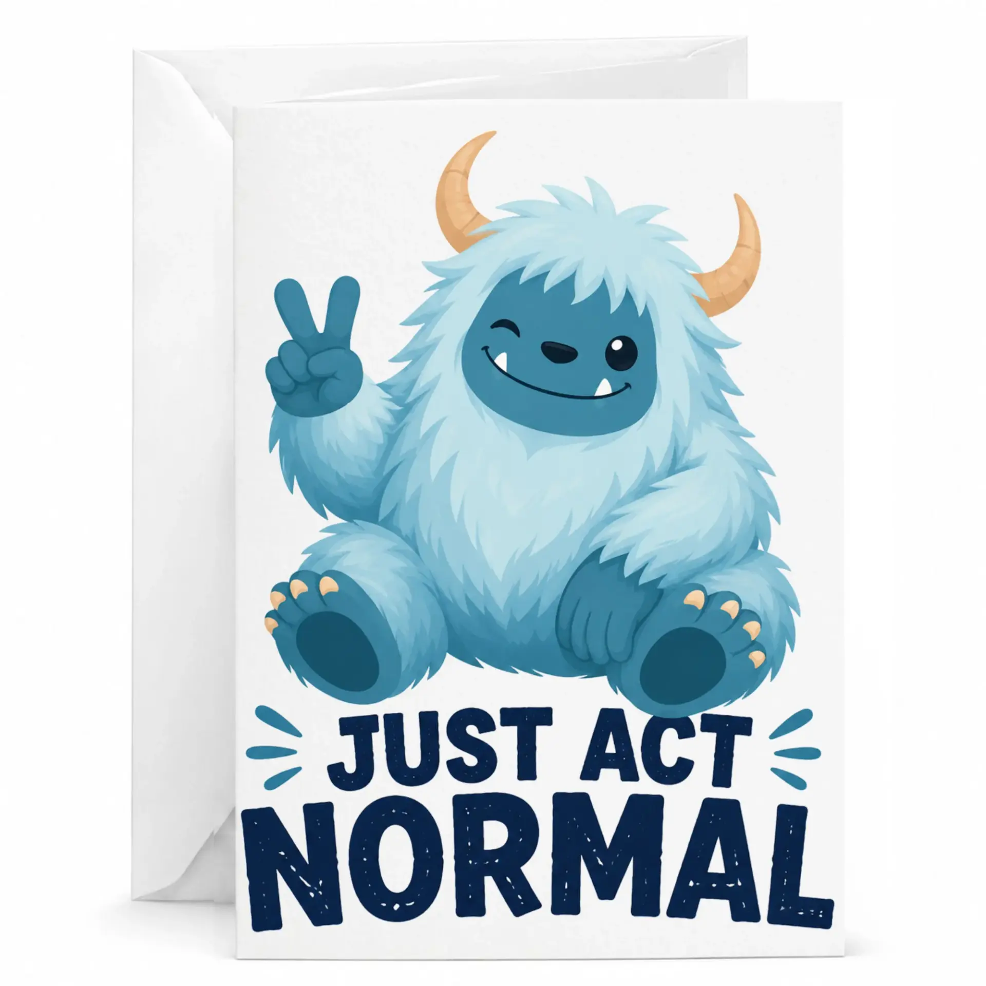 Funny Greeting Card Just Normal Blue Monster Peace Sign Whimsical Character Illustrated Note