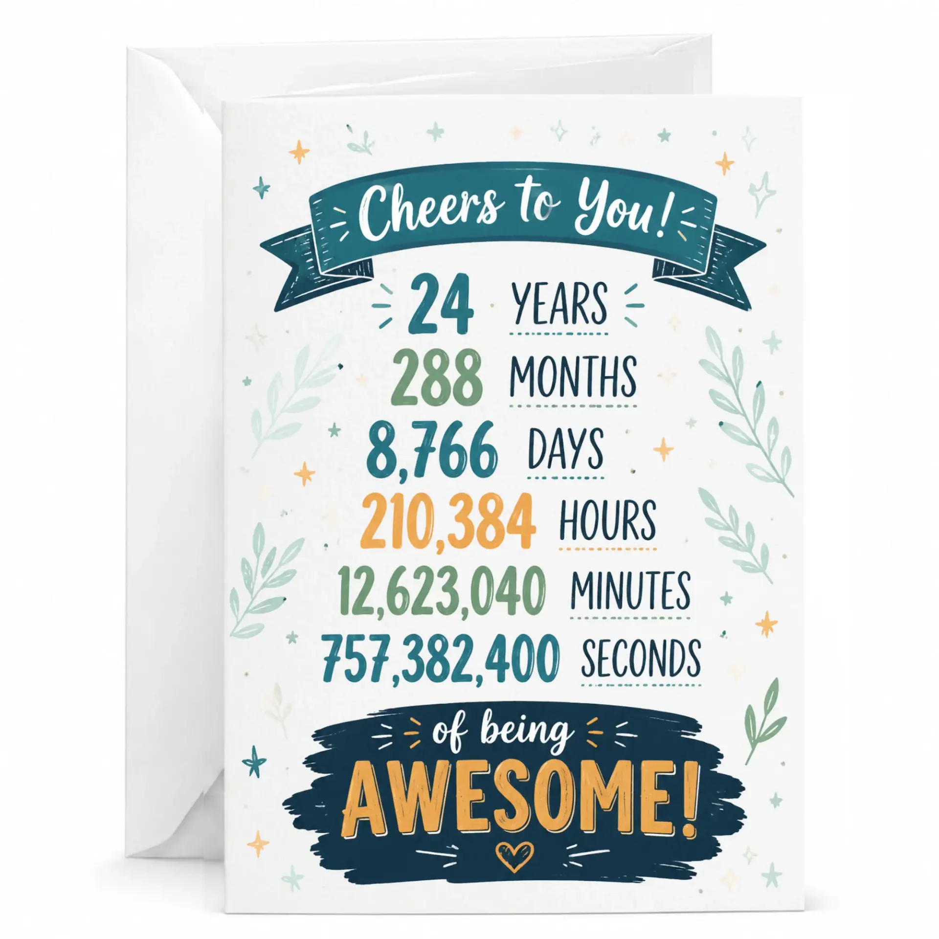 Greeting Card for 24th Birthday Cheers to You 24 Years of Being Awesome Milestone Celebration Card for Friend or Family