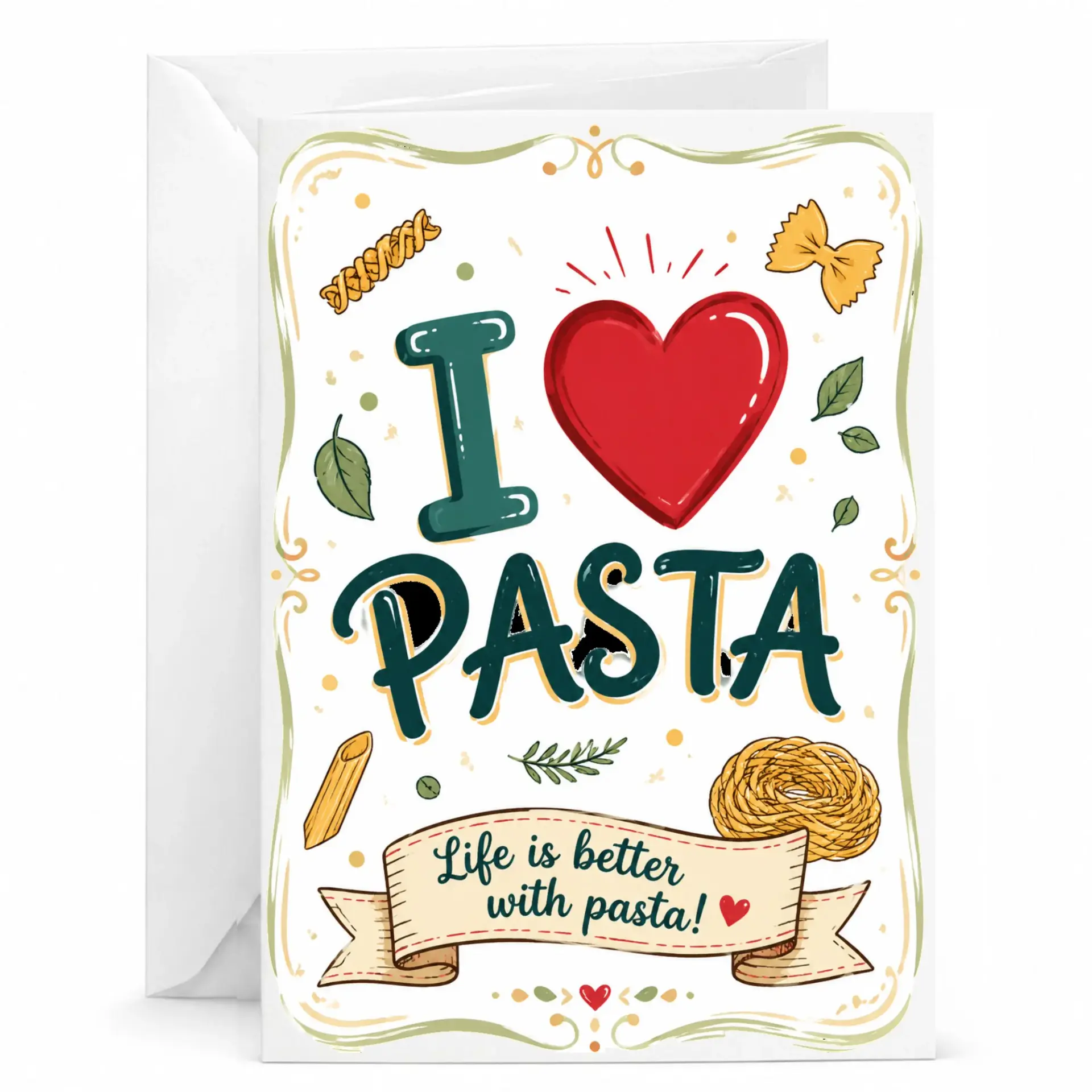 Funny Pasta Greeting Card Food Lover Card I Love Pasta Card Life Is Better with Pasta Card 5x7 Inches with Envelope