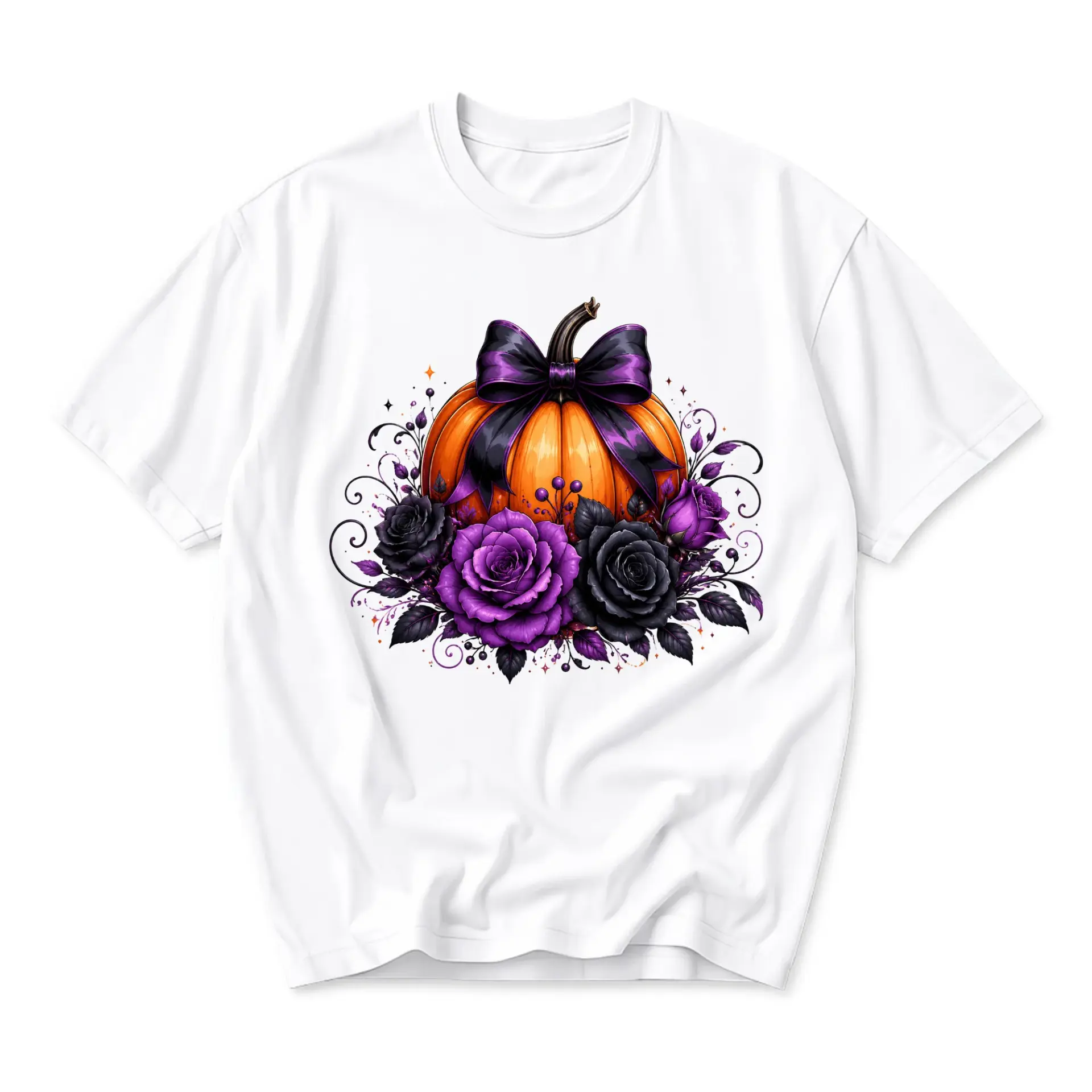 Graphic Tee Unisex Pumpkin and Purple Roses Floral Design Casual Fall Shirt Comfortable Crew Neck Short Sleeve Top