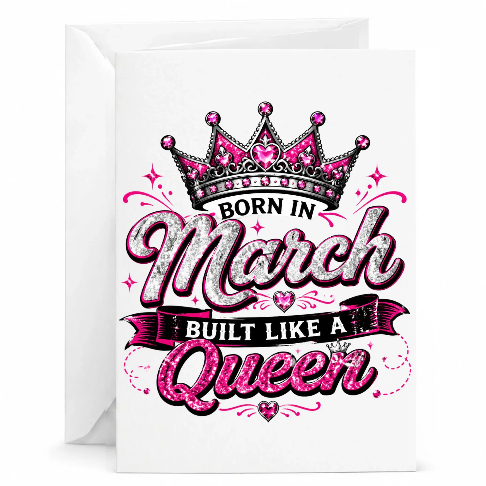 Birthday Greeting Card Born in March Built Like a Queen Metallic Crown Pink and Silver Design Stationery for Her