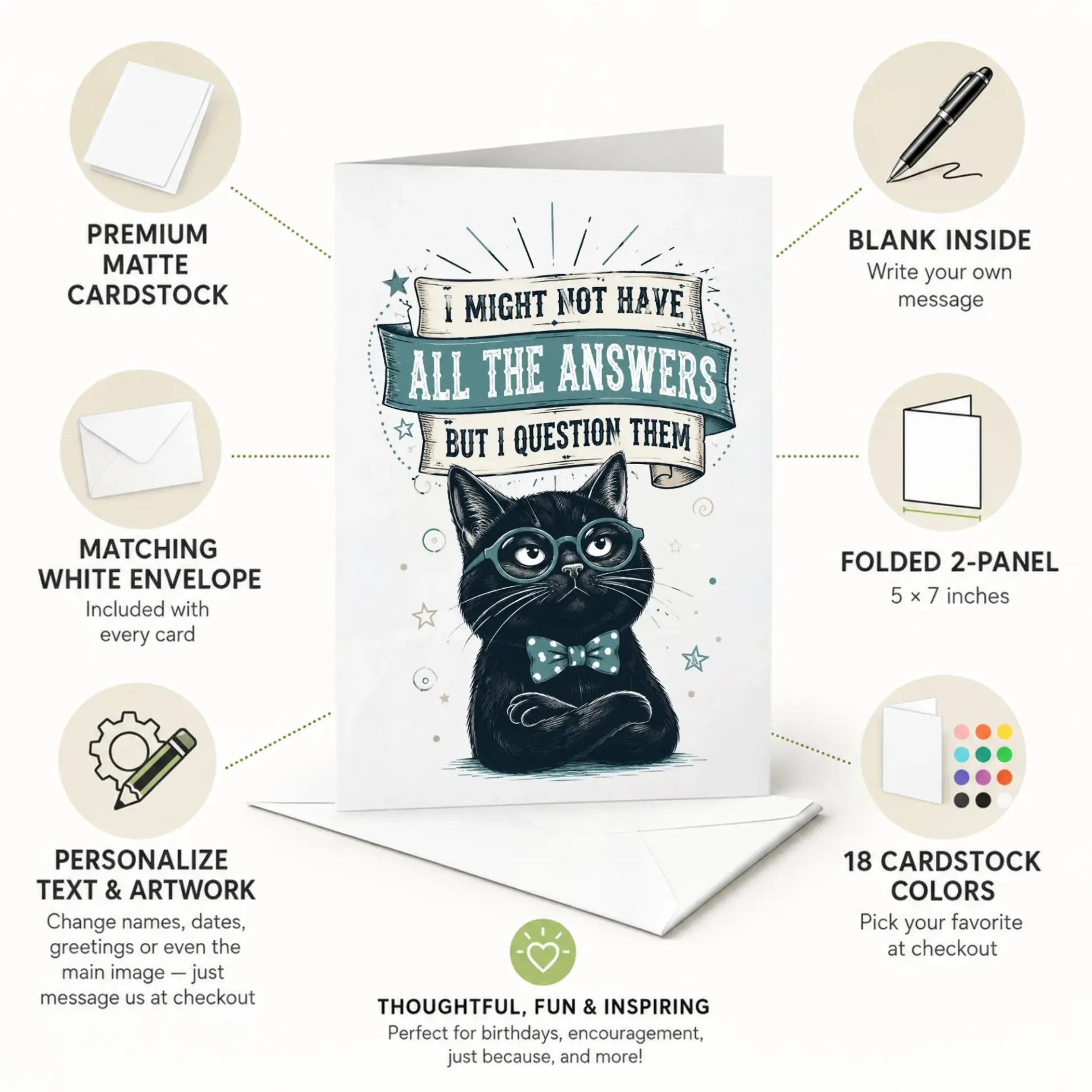 Funny Cat Greeting Card with Envelope, Humorous Black Kitten Wearing Glasses and Bow Tie, Sarcastic Quote Stationery for Friends