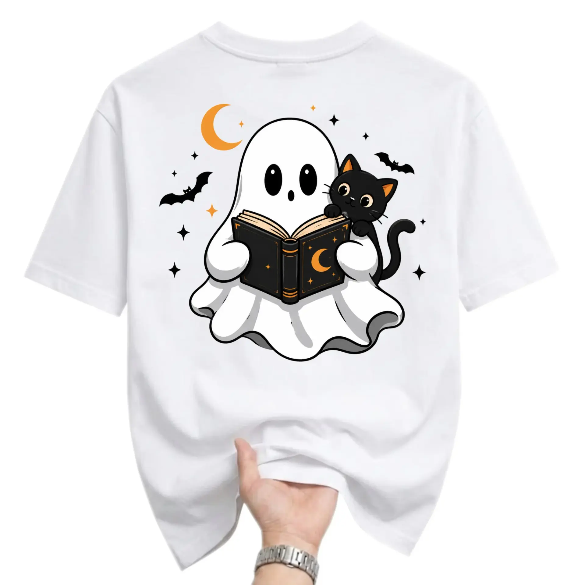 Graphic Tee Unisex Crew Neck T-Shirt Featuring a Cute Ghost and Black Cat Reading a Book under the Night Sky