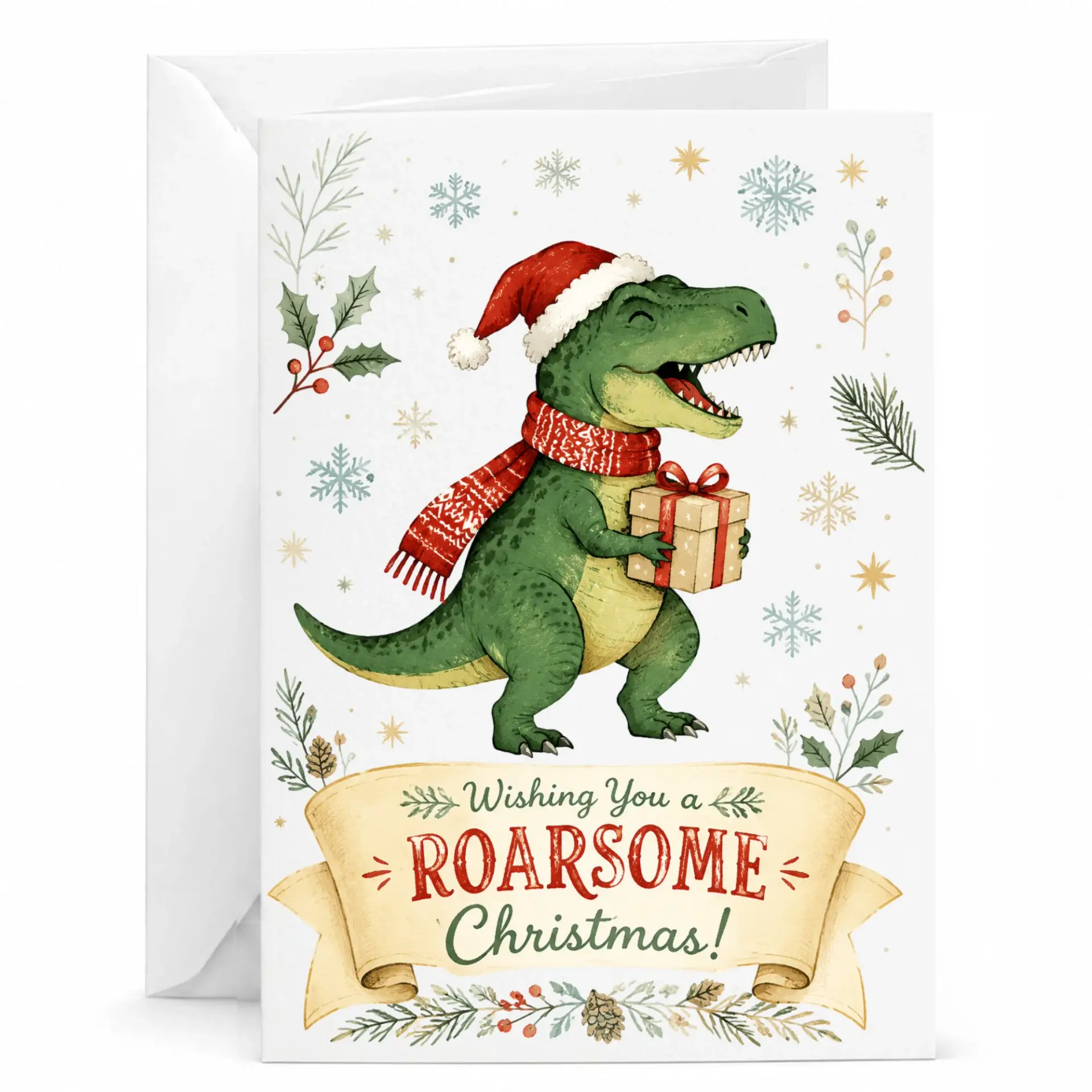 Funny Christmas Greeting Card, Cute Dinosaur Wearing Santa Hat Holding Present, Festive Holiday Card for Friends and Family