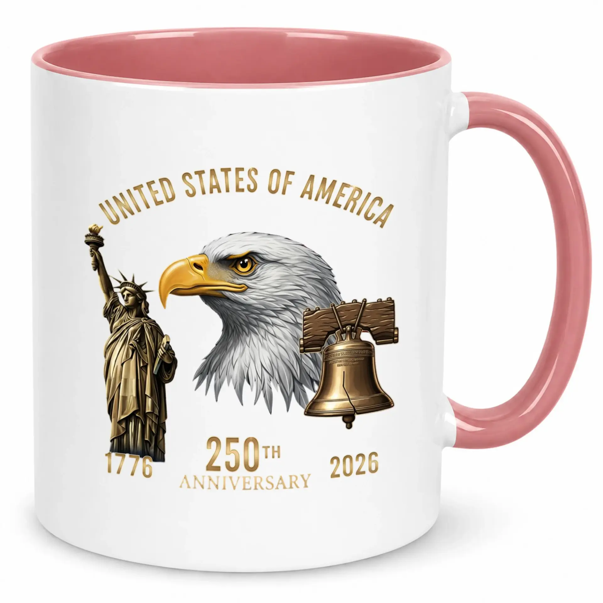 Patriotic Usa Ceramic Mug, 250th Anniversary Design with American Eagle, Liberty Bell, Statue of Liberty, 1776-2026 Drinkware