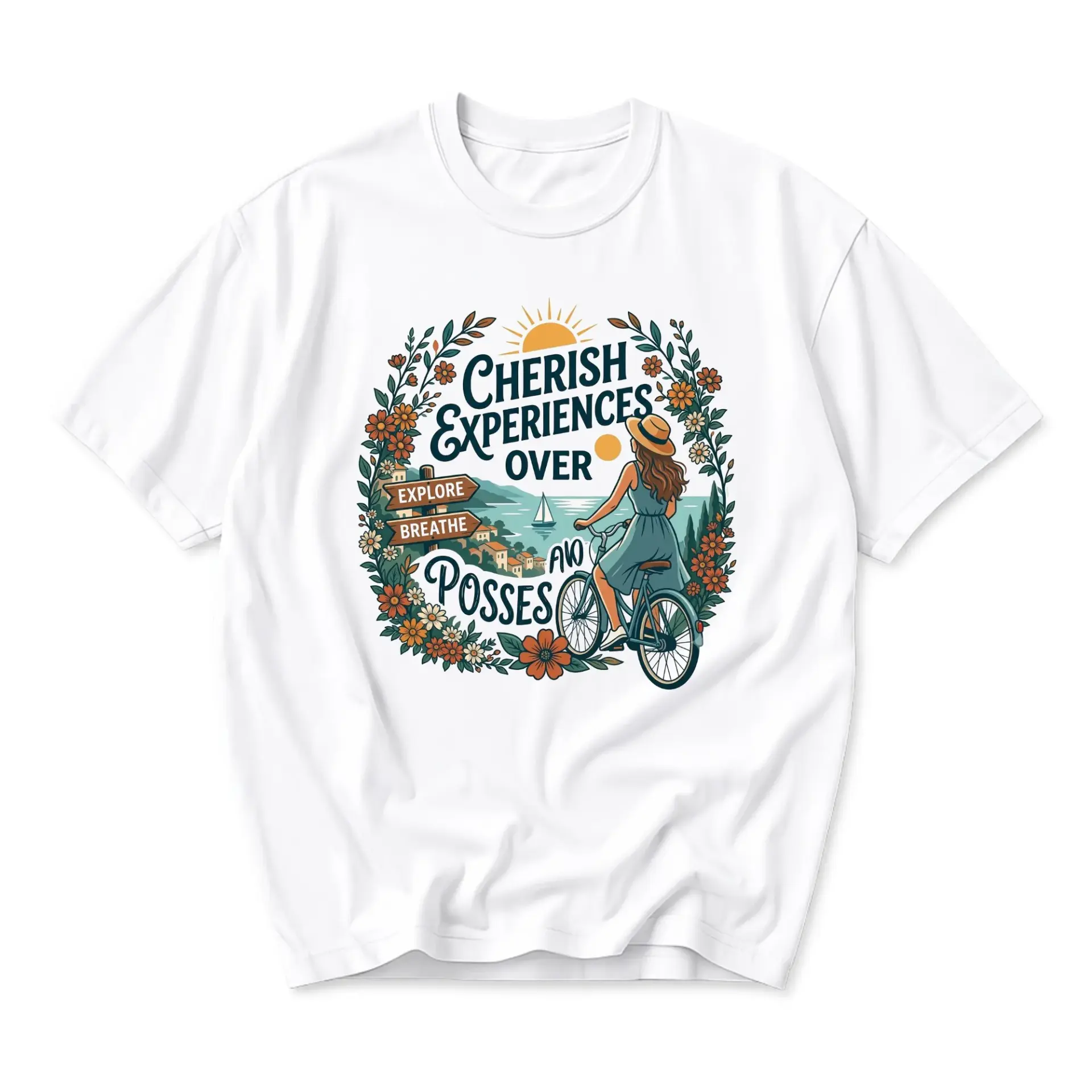 Graphic Tee Cherish Experiences over Possessions Inspirational Travel Quote T-Shirt Nature Lover Bicycle Design