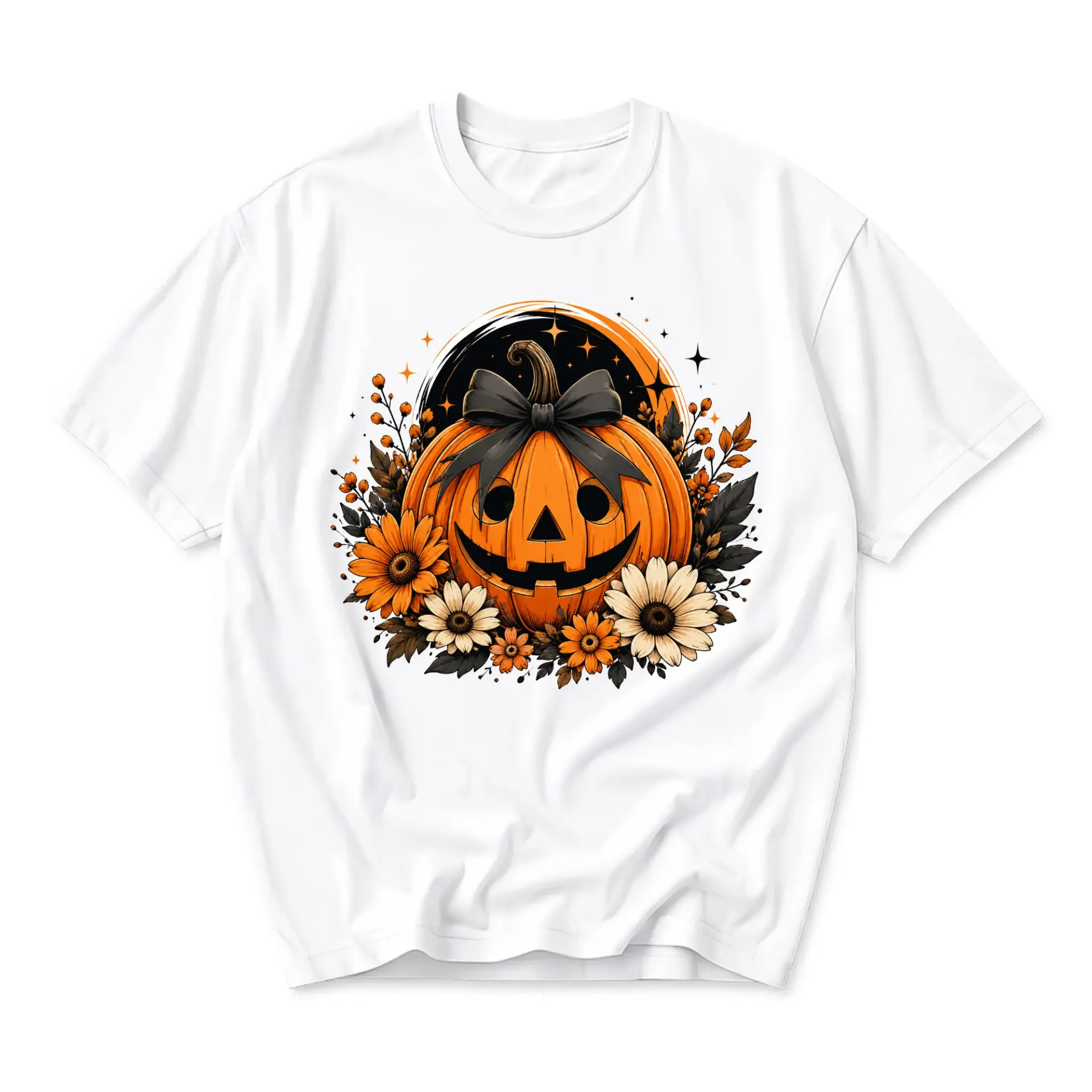 Graphic Tee Pumpkin with Bow and Flowers Autumn Seasonal Apparel Unisex Crew Neck Short Sleeve Casual Cotton Blend Shirt