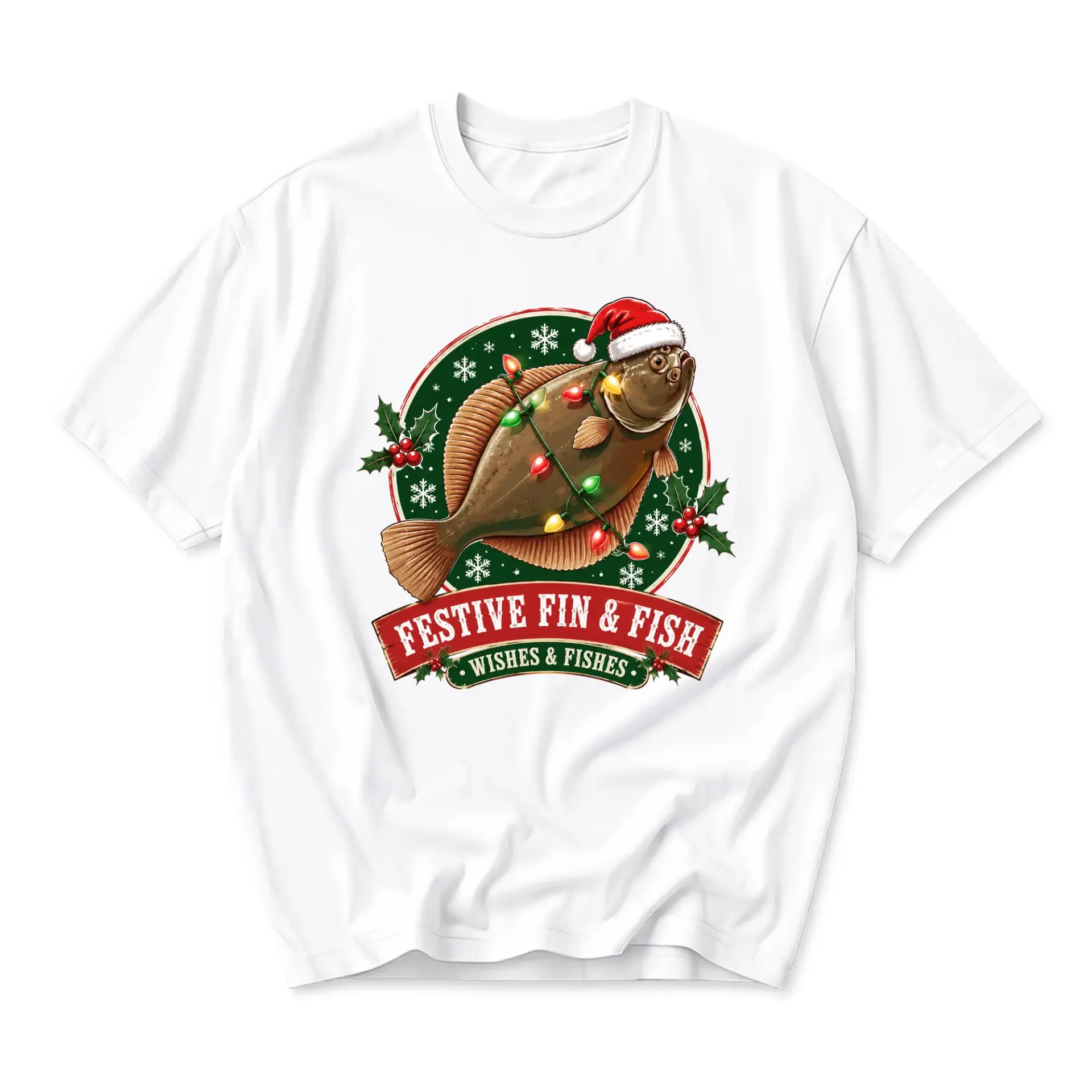 Funny Shirt Festive Fin and Fish Wishes Fishes Graphic Tee Unisex Crew Neck