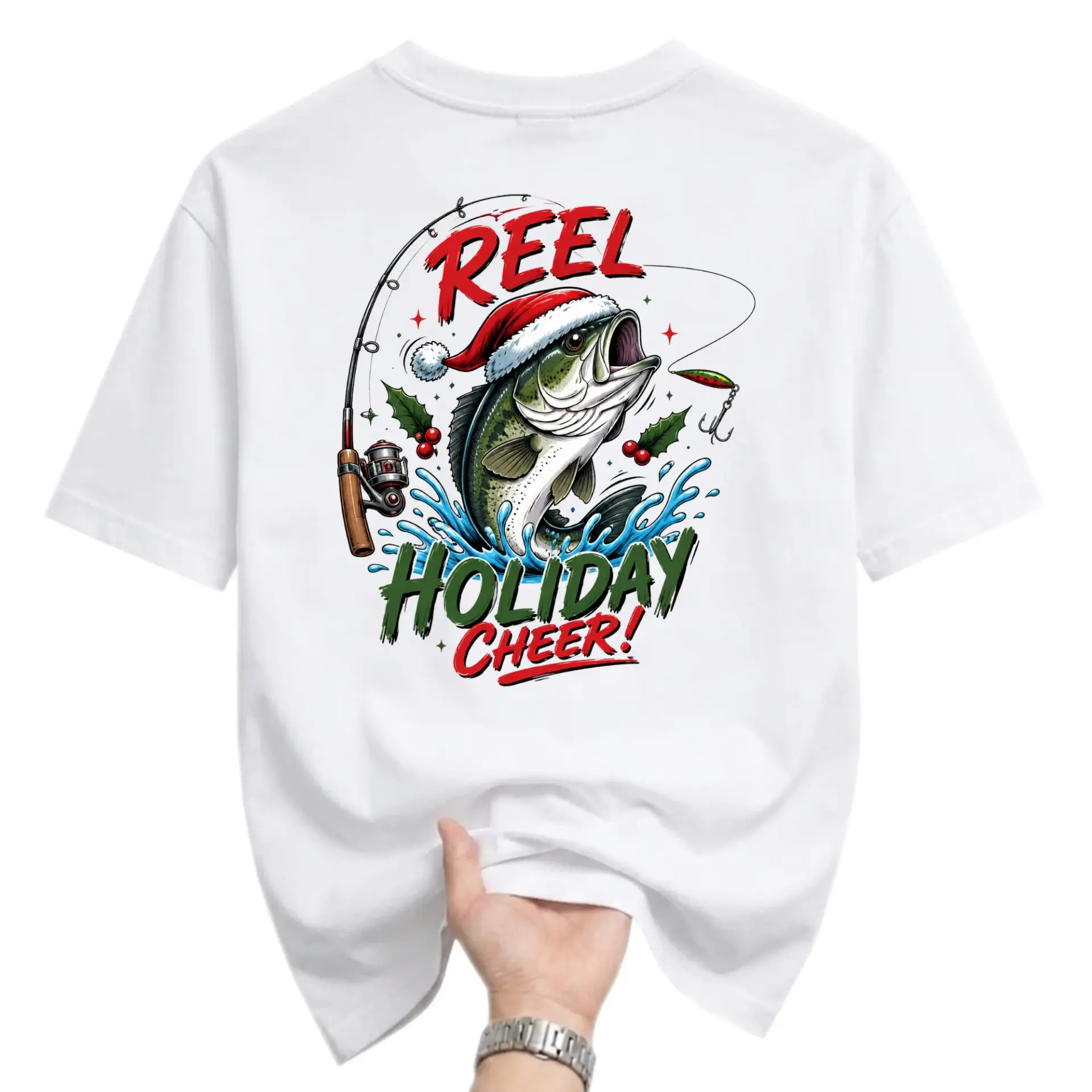 Funny Shirt Reel Holiday Cheer Fishing Graphic Tee Seasonal Unisex Casual Short Sleeve Cotton Crew Neck Top
