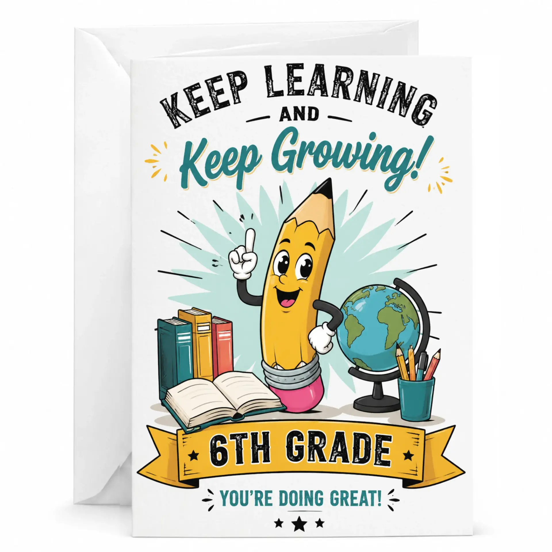 Inspirational 6th Greeting Card for Encouragement and Featuring Whimsical Pencil Book Illustration