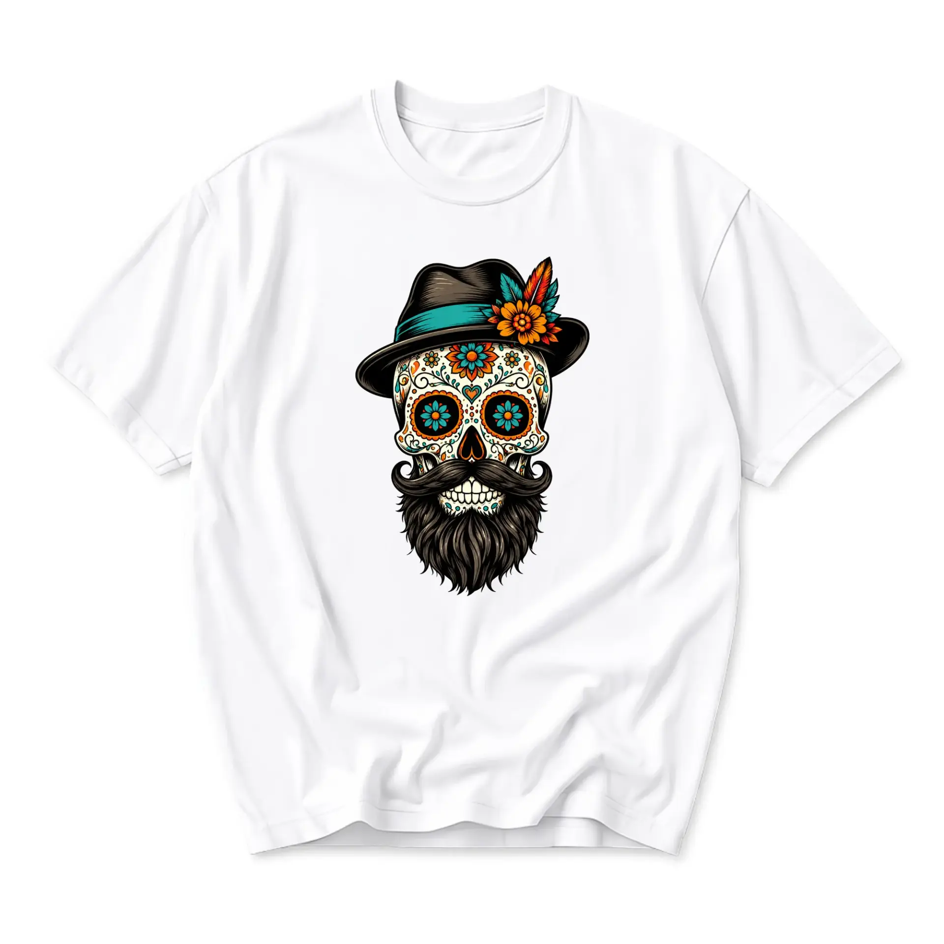 Graphic Tee Sugar Skull with Fedora Hat and Beard Print Unisex Crew Neck Casual Everyday Short Sleeve Cotton Shirt