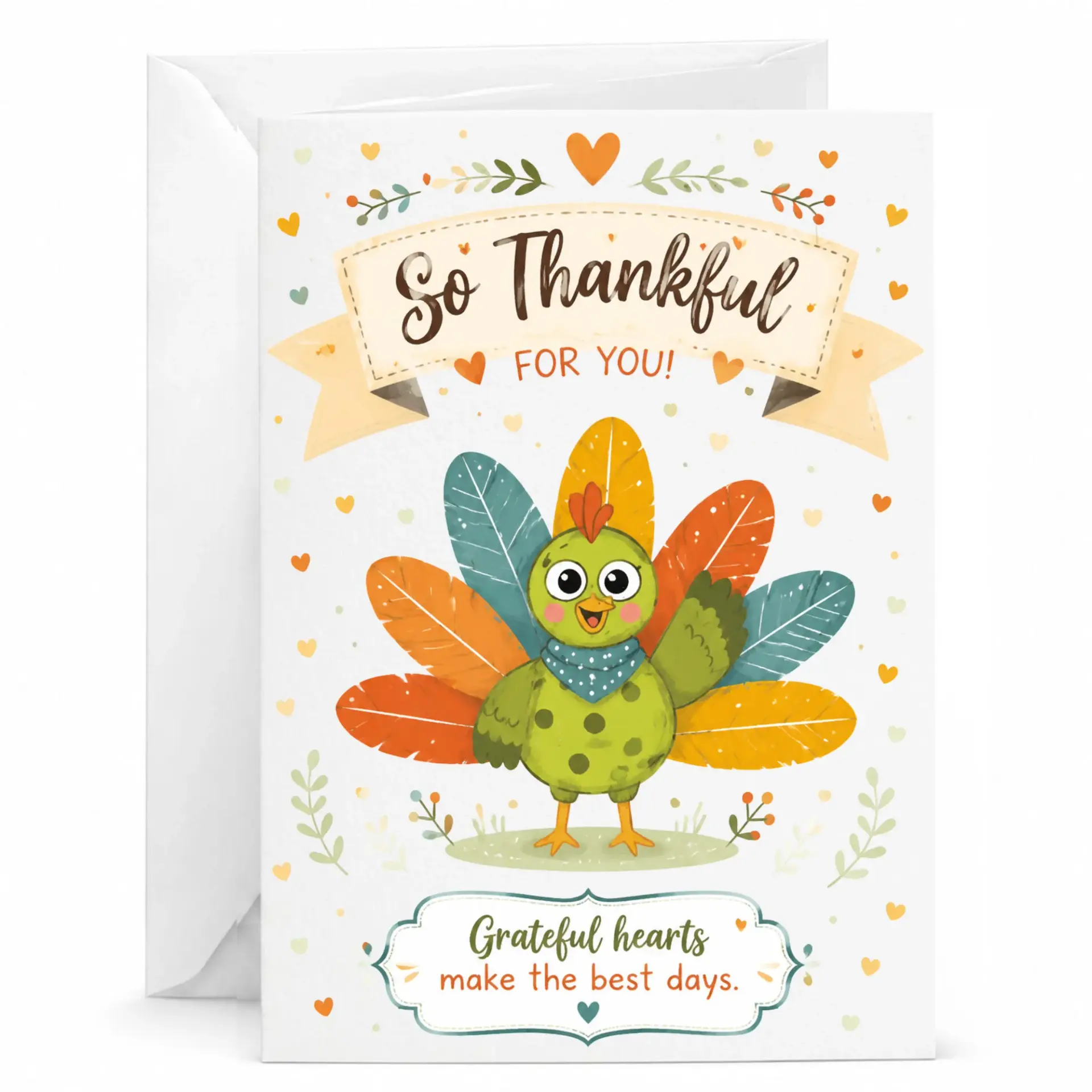 Thank You Card so Thankful for You Cute Turkey Illustration Greeting Card for Thanksgiving Holiday Appreciation