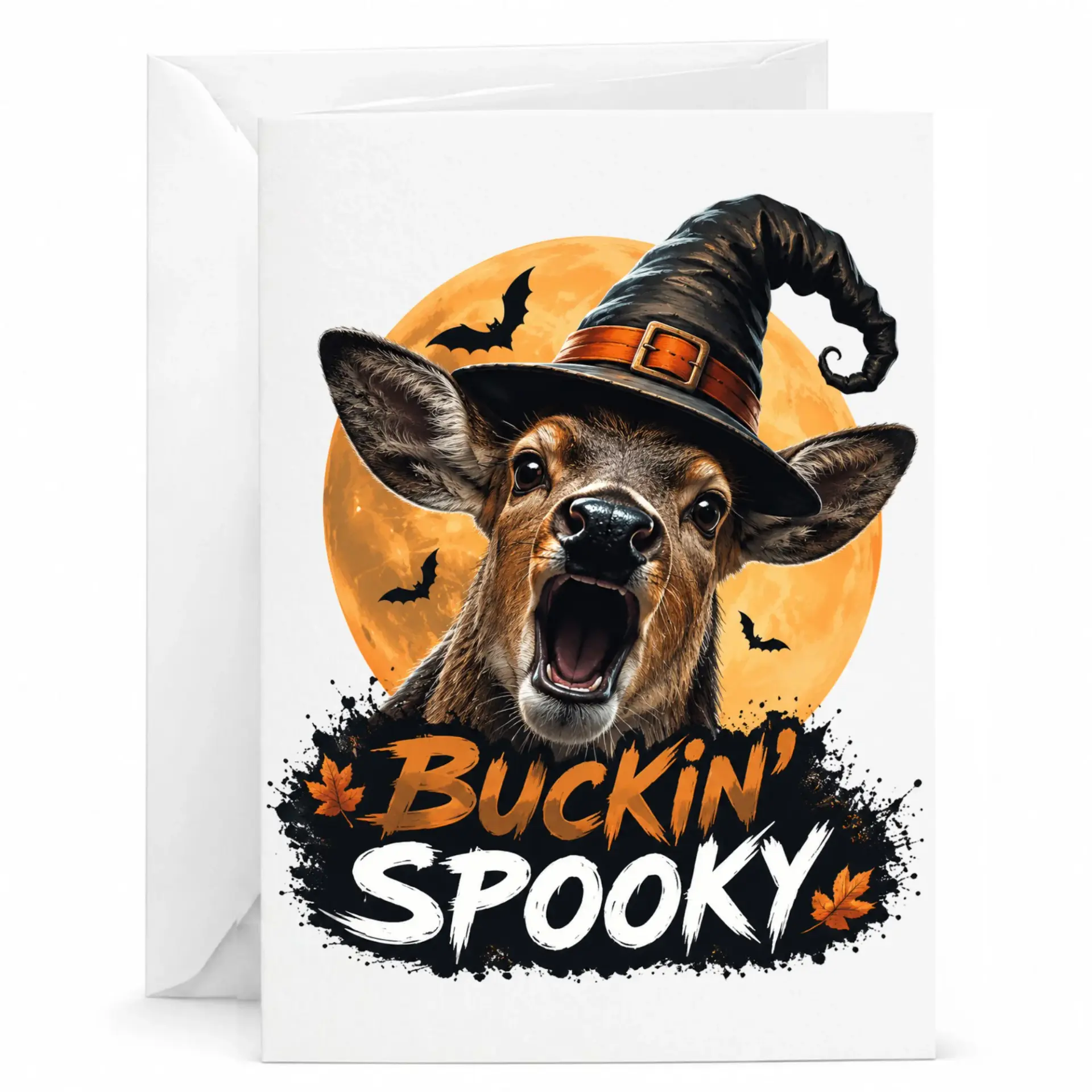 Funny Card Buckin Spooky Halloween Deer Greeting with Envelope Whimsical Fall Seasonal Stationery for Autumn