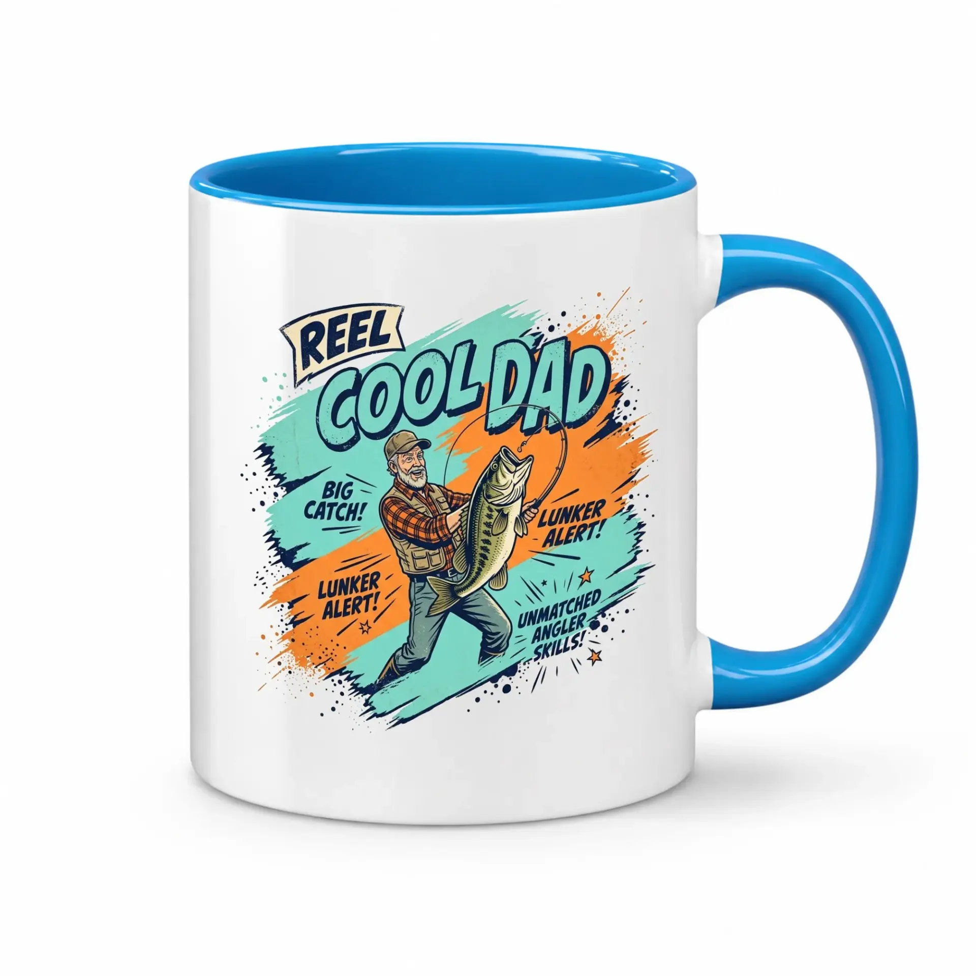 Reel Cool Dad Fishing Coffee Mug Featuring Fisherman Graphic and Outdoorsy Design with Blue Handle Interior Accent