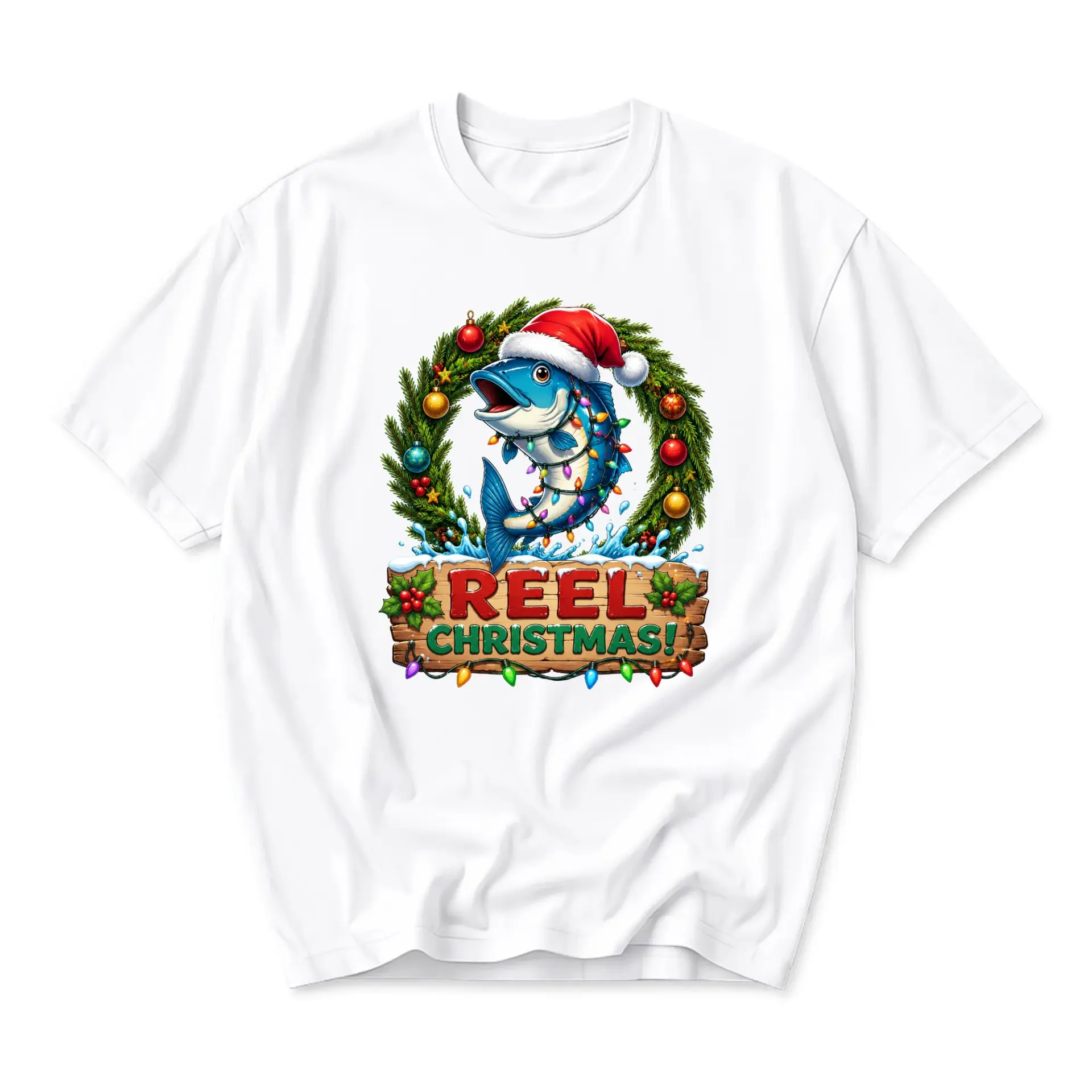 Funny Shirt Reel Christmas Fishing Graphic Tee Holiday Season Unisex Casual Crew Neck Comfortable Cotton Blend Top