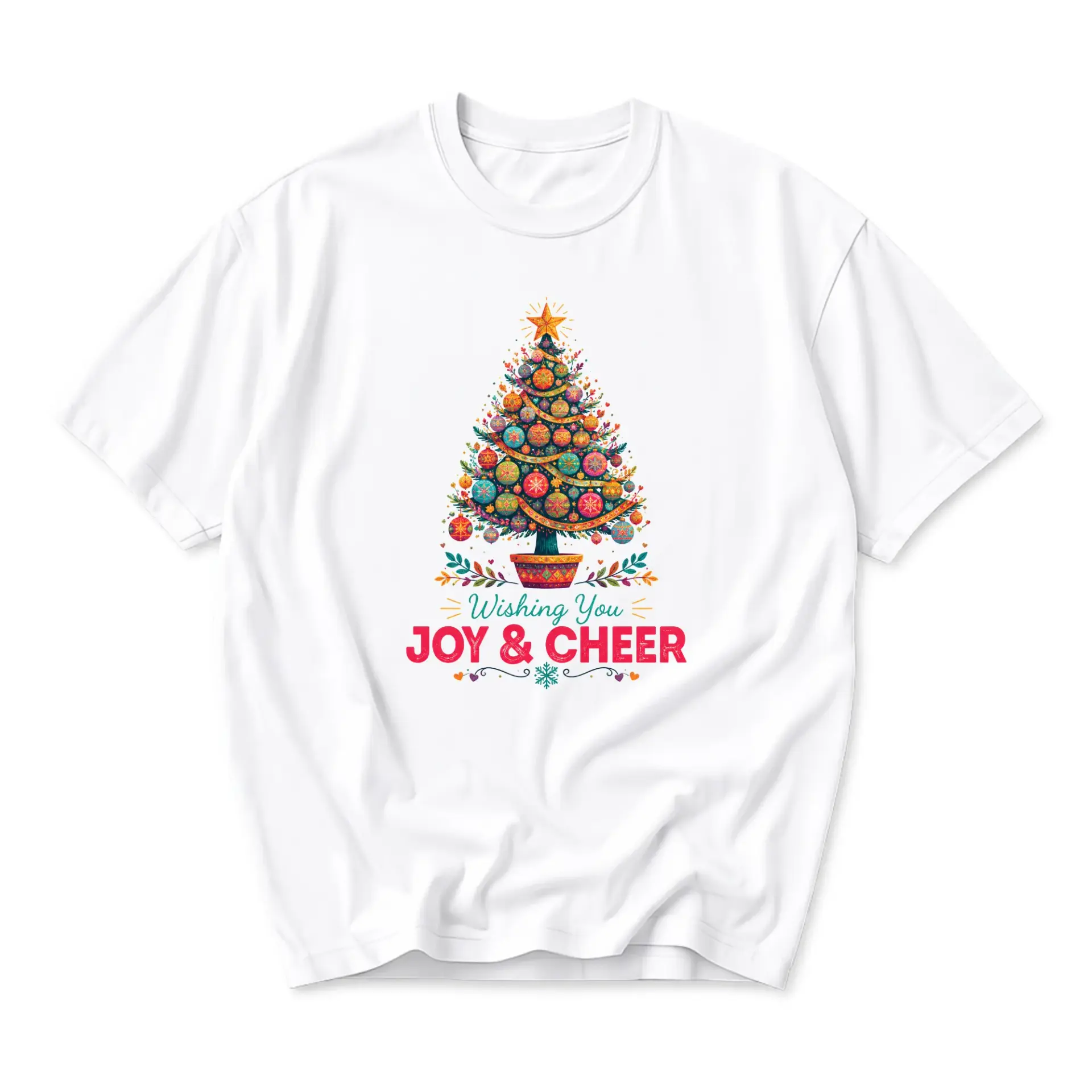 Graphic Tee Featuring Festive Christmas Tree Art Wishing You Joy and Cheer Unisex Casual Crew Neck Holiday Apparel