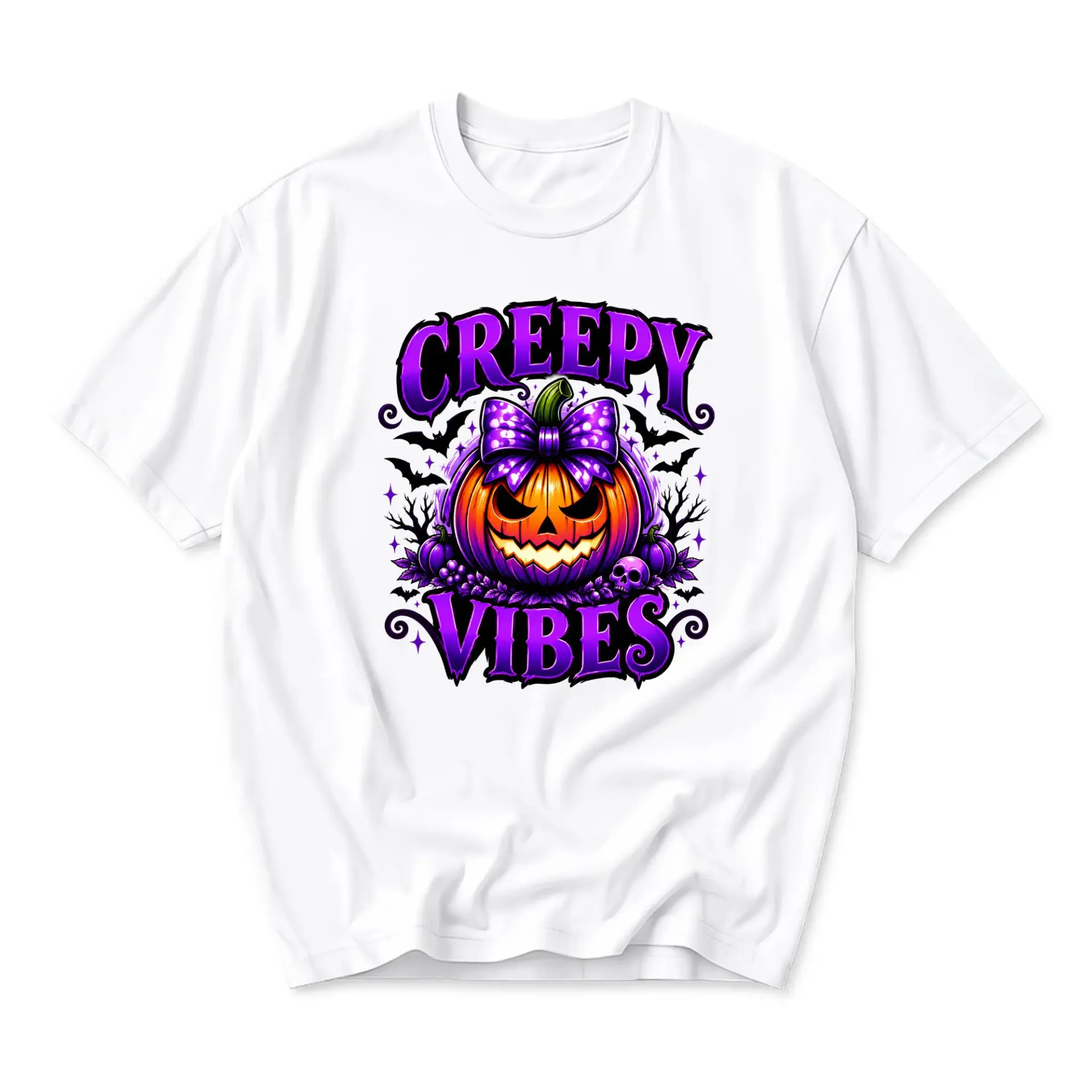 Funny Shirt Creepy Vibes Halloween Pumpkin Graphic Tee Unisex Crew Neck Soft Cotton Casual Apparel White Short Sleeve