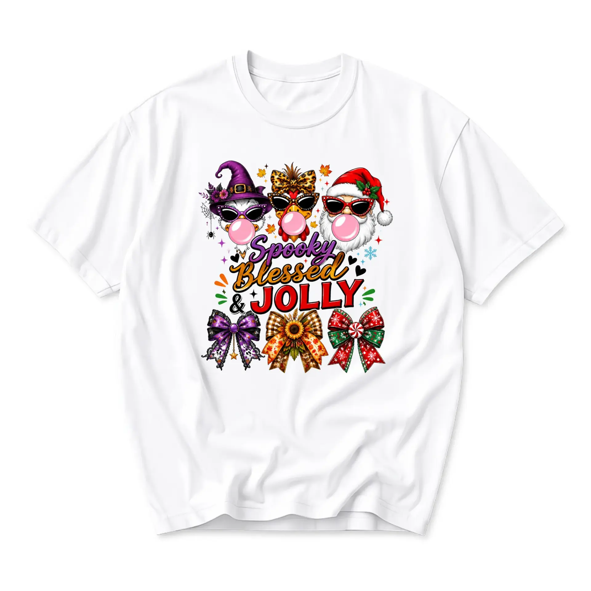 Graphic Tee Spooky Blessed and Jolly Holiday Seasons Design Unisex Crew Neck Soft Cotton Casual Apparel Casual Shirt