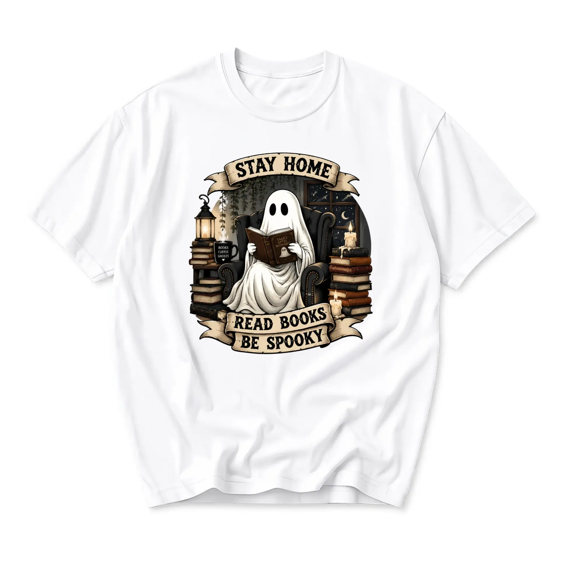 Graphic Tee Stay Home Read Books Be Spooky Ghost Reading Book in Armchair Unisex Casual Crew Neck Printed T-Shirt