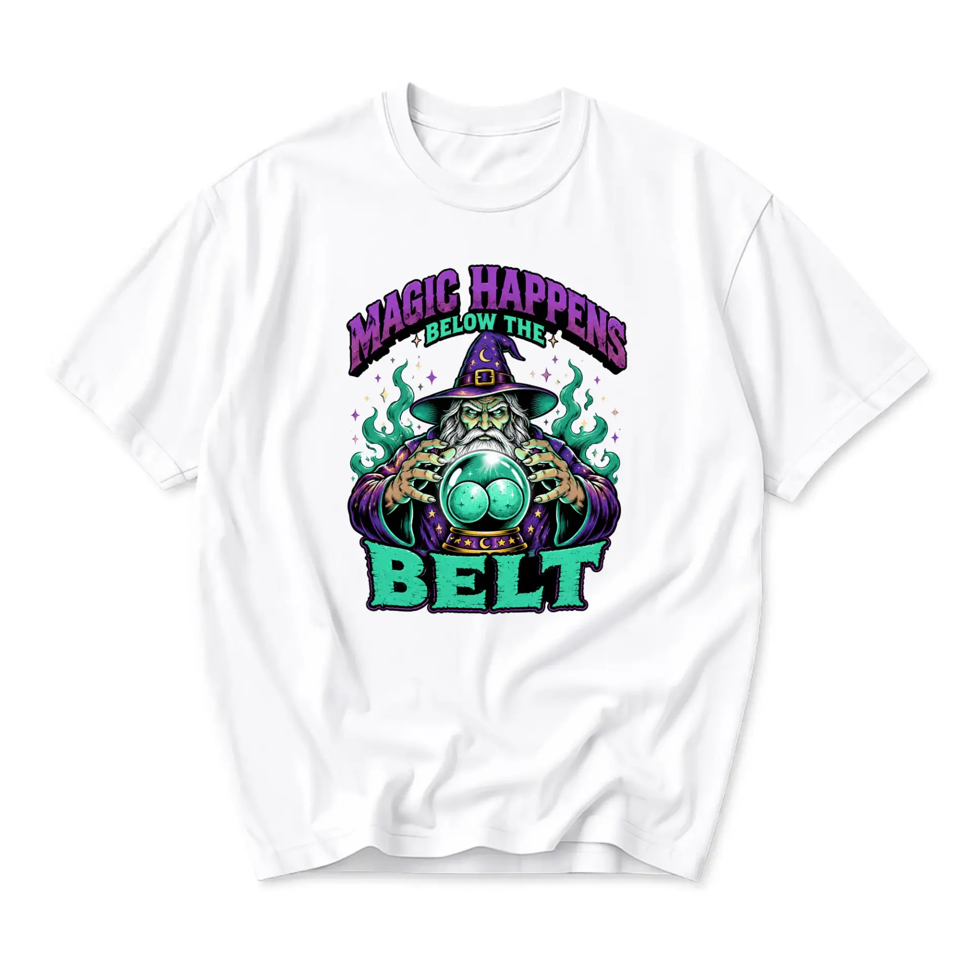 Funny Shirt Magic Happens Below the Belt Graphic Tee Retro Wizard Fantasy Illustration Unisex Casual Crew Neck Top