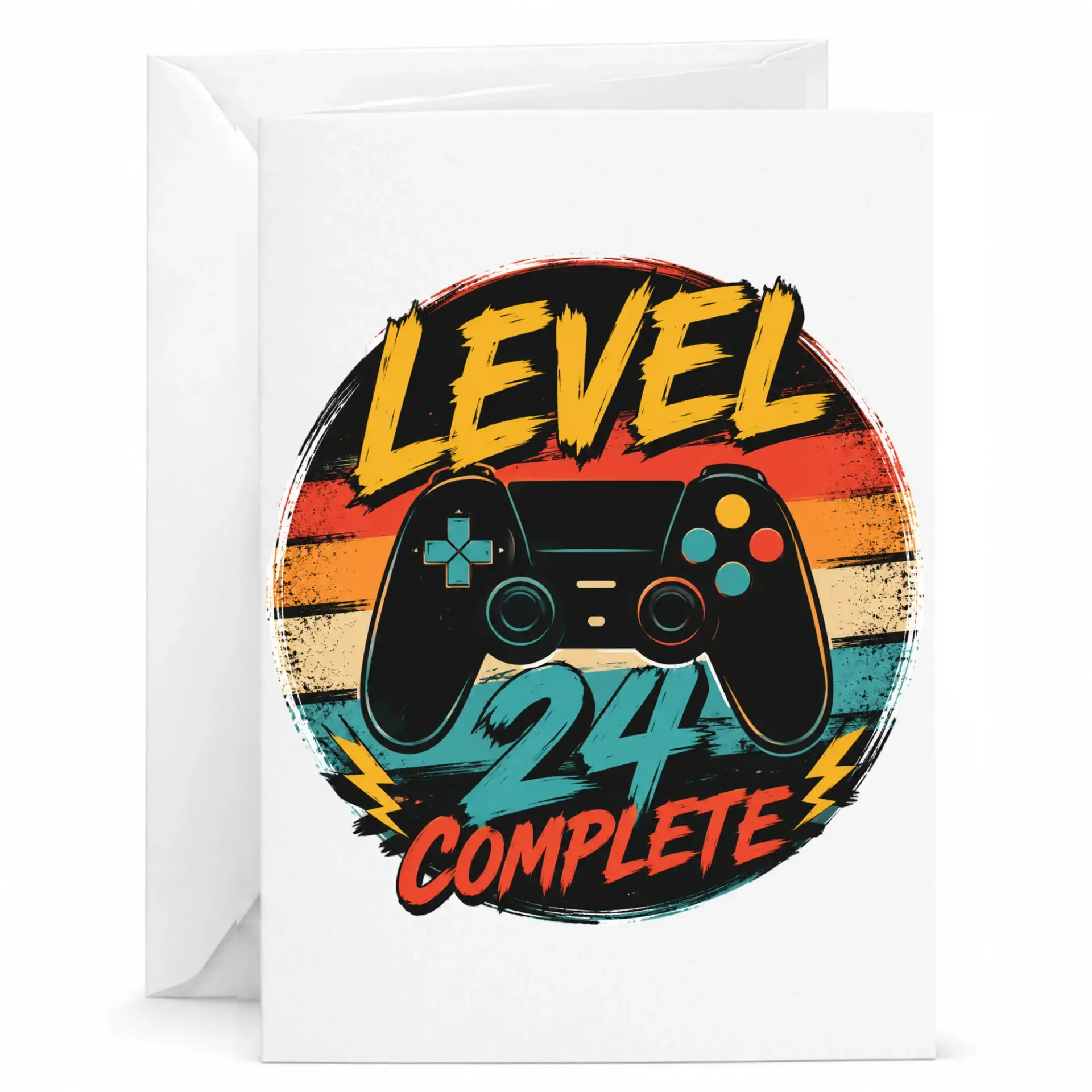 Birthday Card Level 24 Complete Retro Gaming Video Game Theme Greeting Card for Him or Her 5x7 Inch Folded Card
