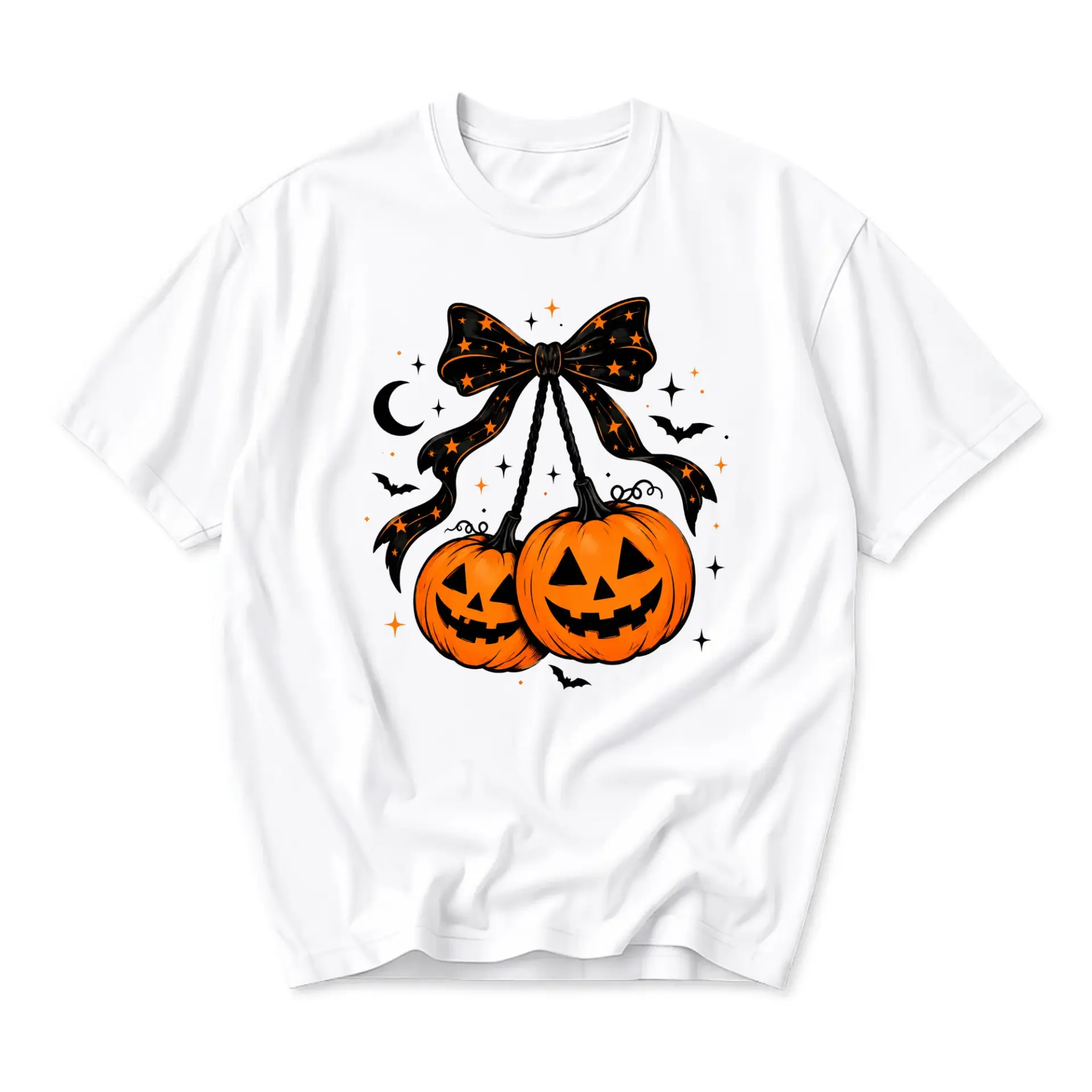 Graphic Tee Unisex Halloween Pumpkin Bow Shirt Seasonal Autumn Apparel Casual Short Sleeve Cotton Crew Neck Top