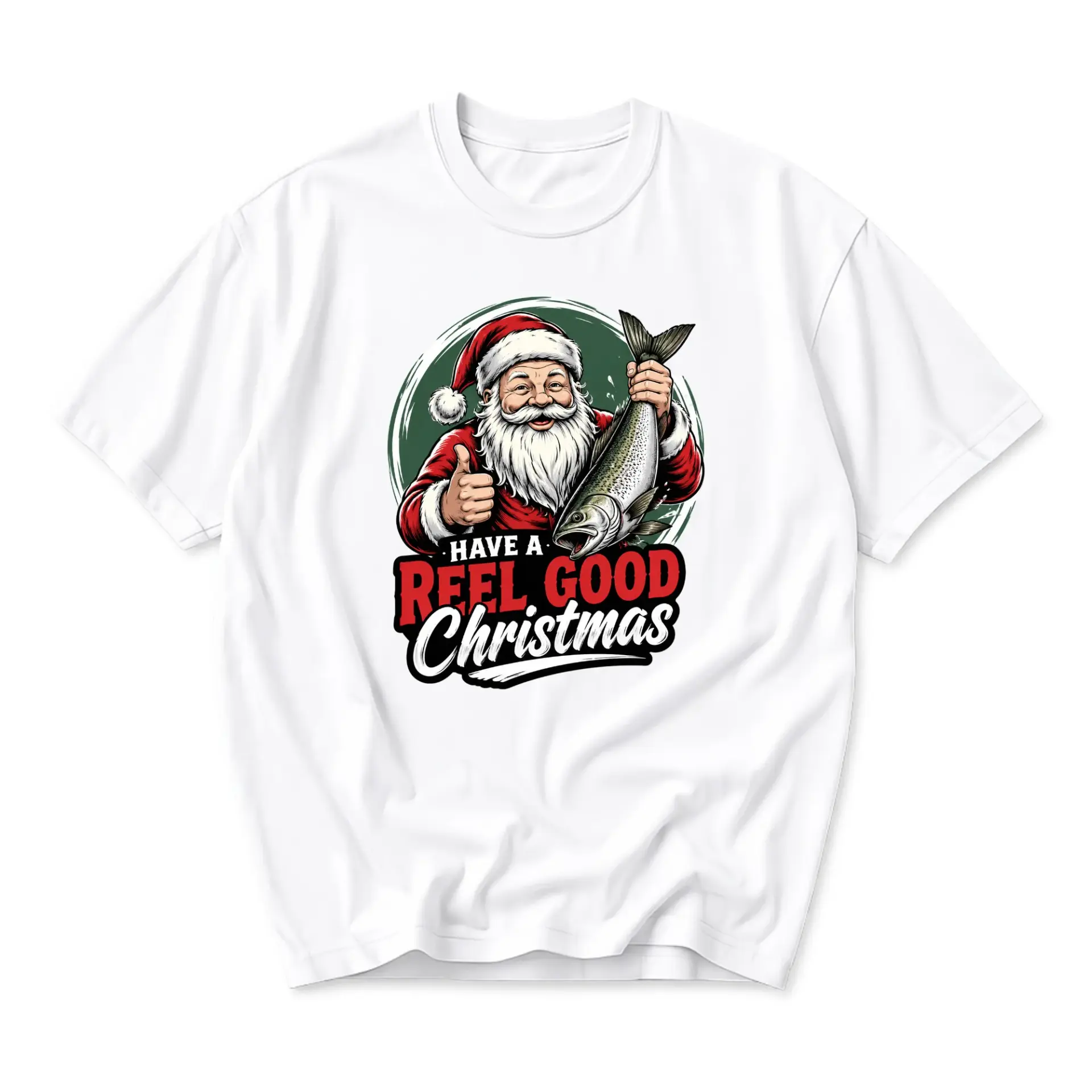 Funny Shirt Have a Reel Good Christmas Graphic Tee Santa Claus Fishing Unisex Crew Neck Cotton Blend Holiday Apparel