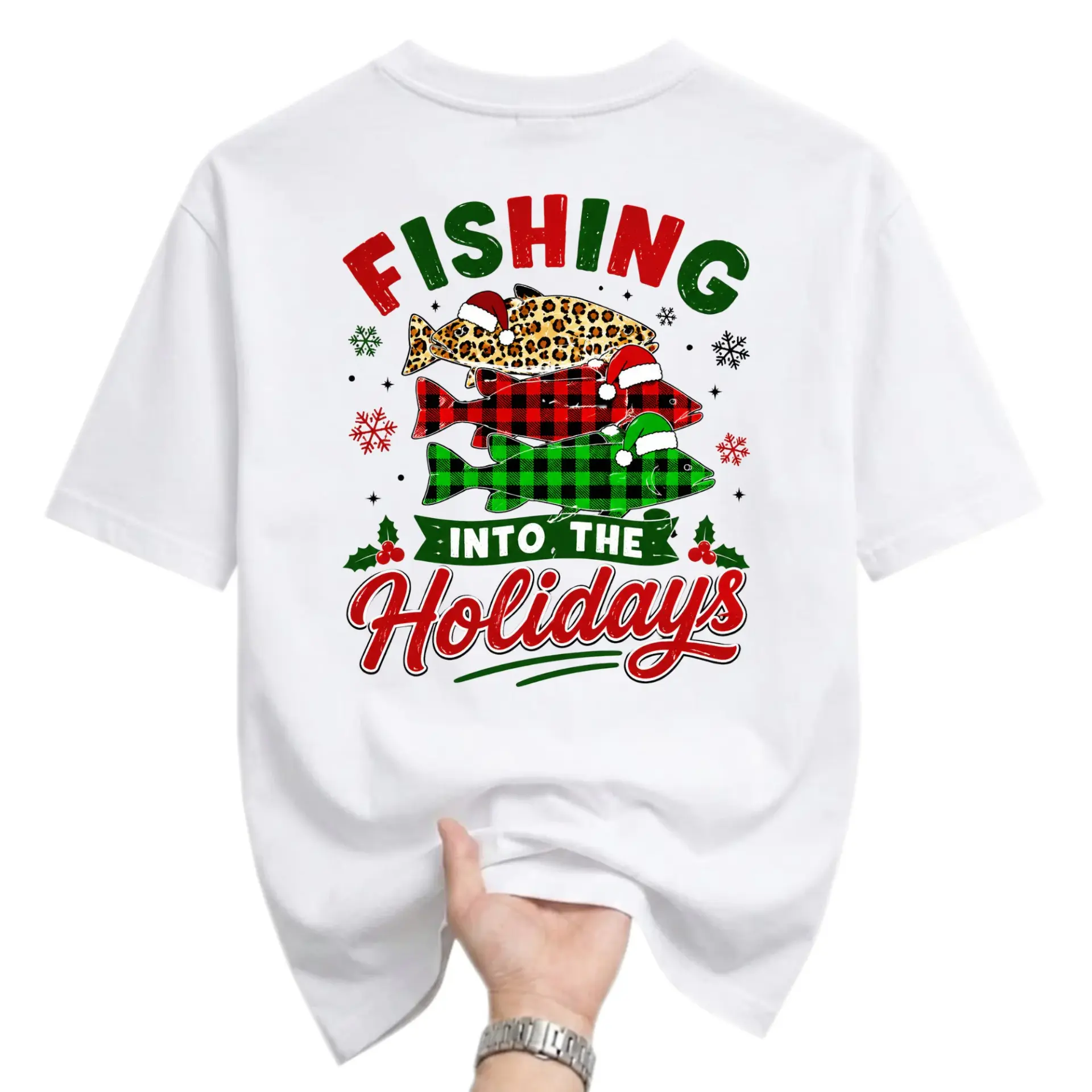 Funny Shirt Fishing into the Holidays Graphic Tee Unisex Crew Neck Short Sleeve Casual Cotton Blend Seasonal Apparel