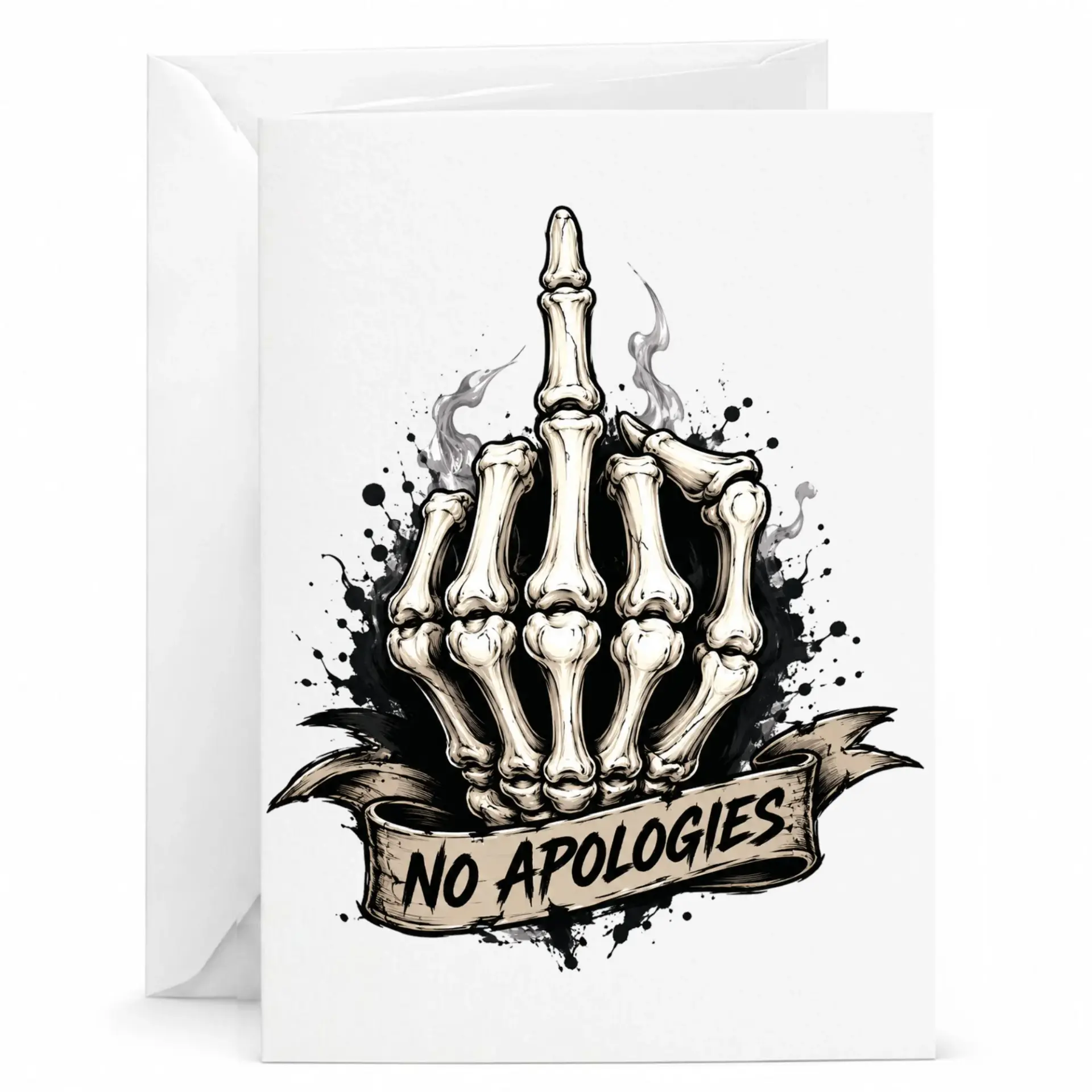 Funny Greeting Card No Apologies Skeleton Hand Design Sarcastic Attitude for Friends and Family 5x7 Inches