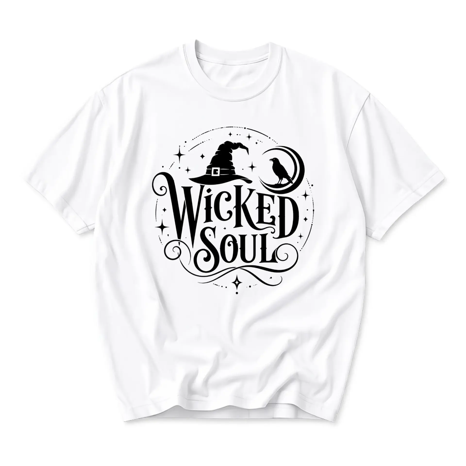 Graphic Tee Wicked Soul Witch Hat and Raven Illustration Unisex Casual Short Sleeve Crew Neck Cotton Blend Shirt