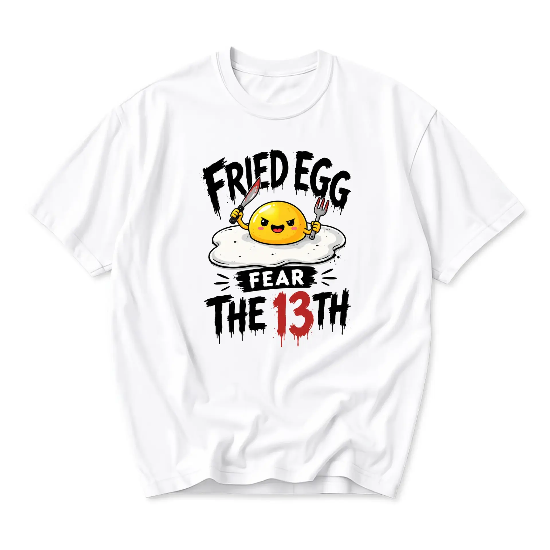 Funny Shirt Fried Egg Fear the 13th Graphic Tee Unisex Crew Neck Casual Cotton Blend Top for Everyday Wear and Gift