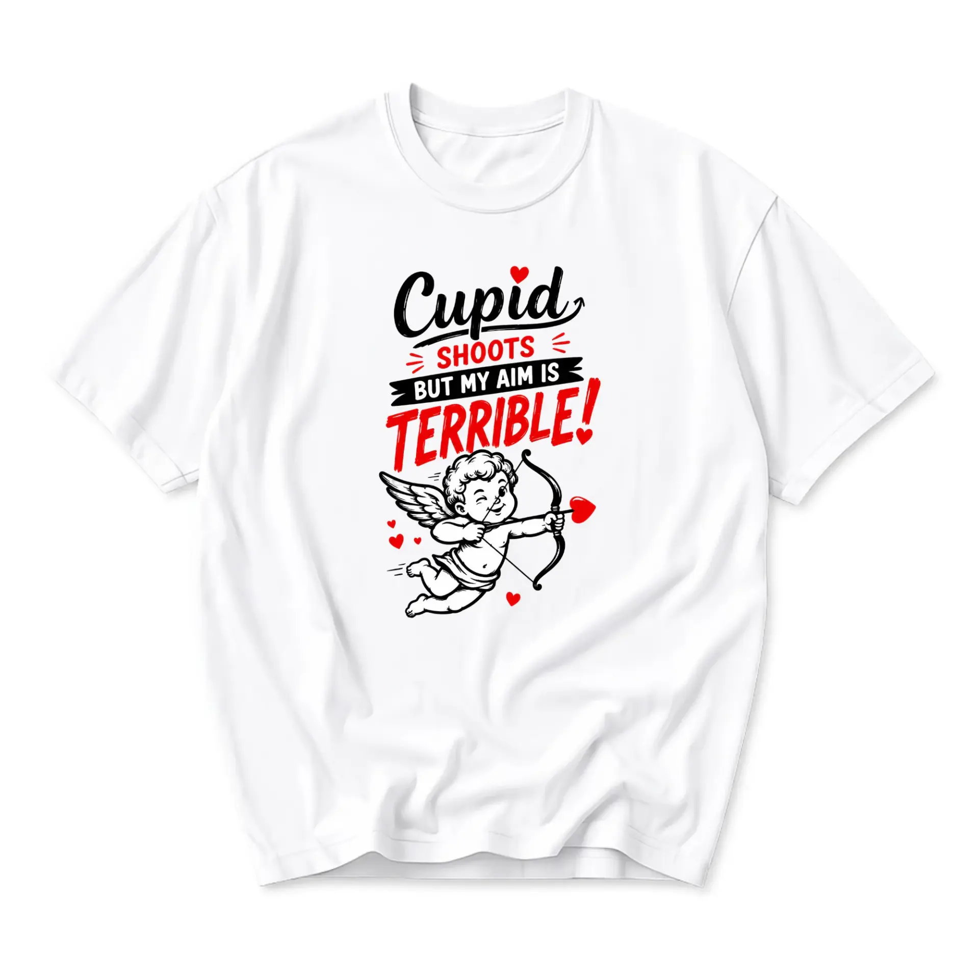 Funny Shirt Cupid Shoots but My Aim Is Terrible Graphic Tee Unisex Casual Crew Neck Soft Cotton Everyday Top Apparel