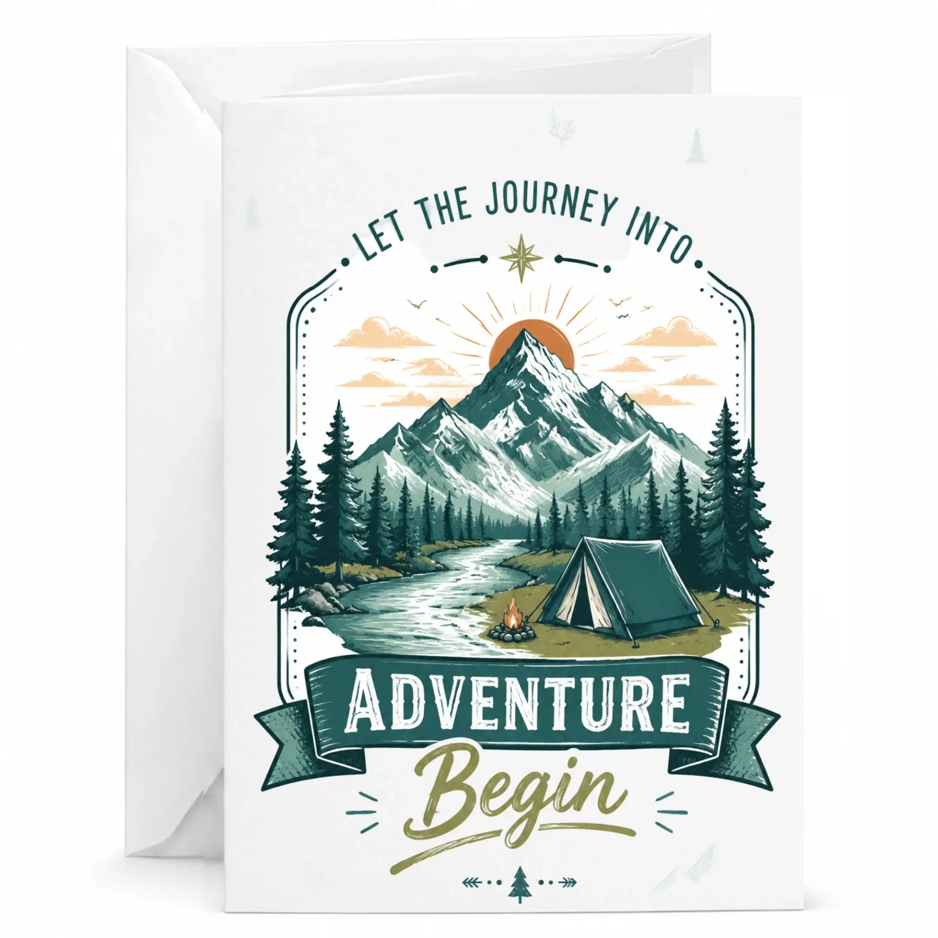 Greeting Card Let into Adventure Begin Mountain Camping Design Outdoor Enthusiast Stationery Folded