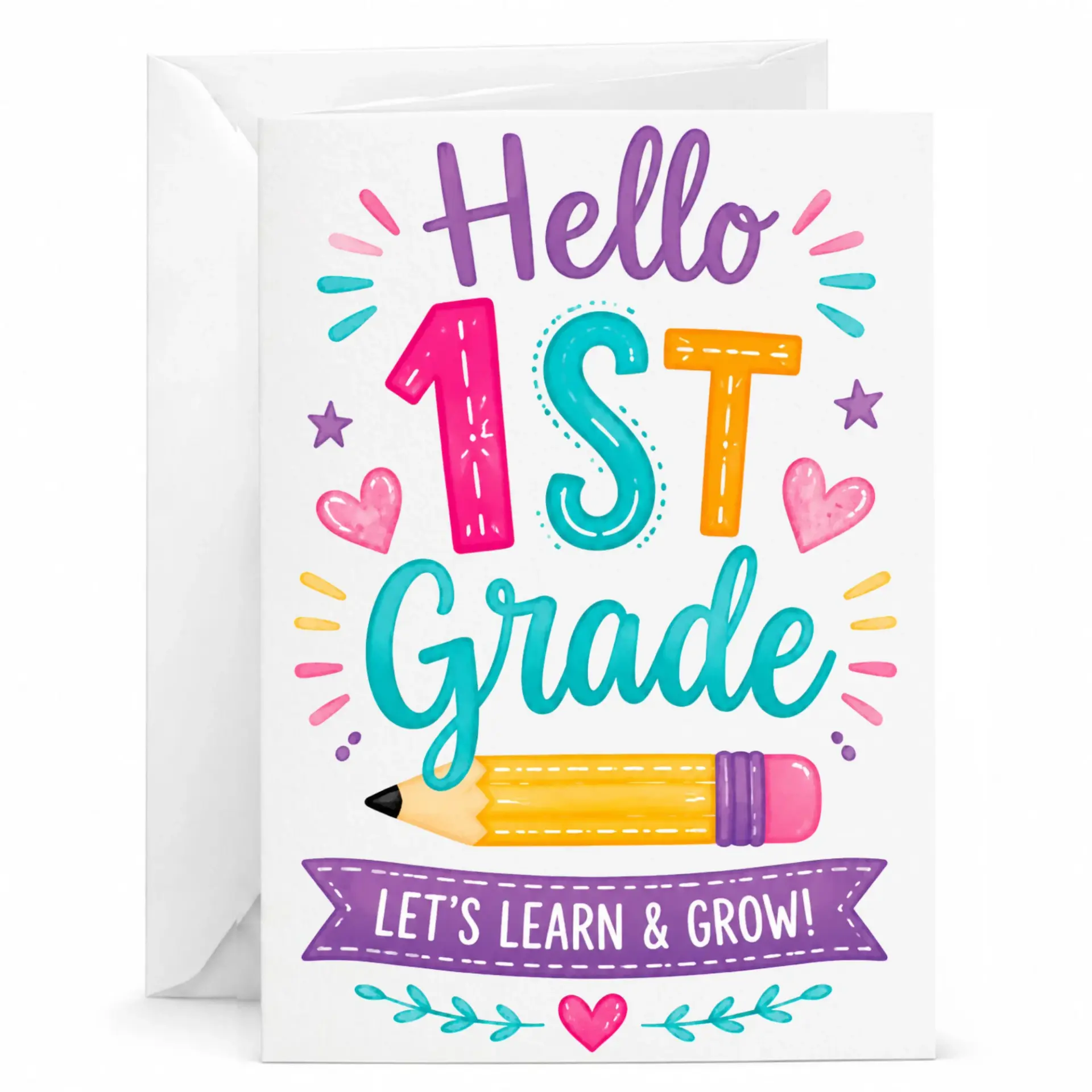 Greeting Card Hello 1st Let's Learn and Illustration Featuring Pencil for Academic Milestone