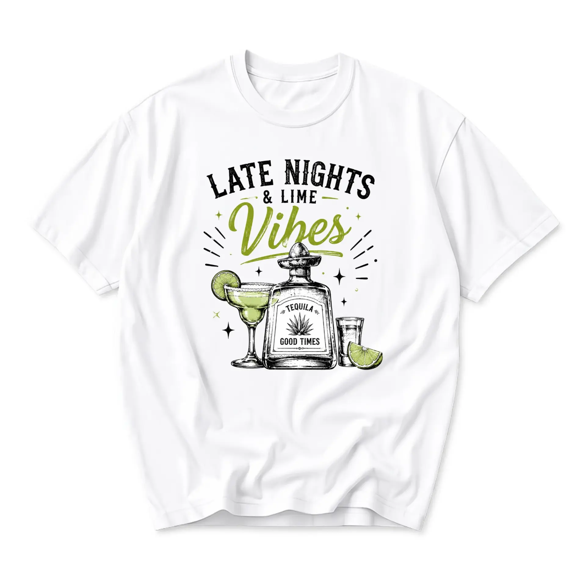 Graphic Tee Late Nights and Lime Vibes Tequila Illustration Unisex Crew Neck Short Sleeve Casual Cotton T-Shirt White