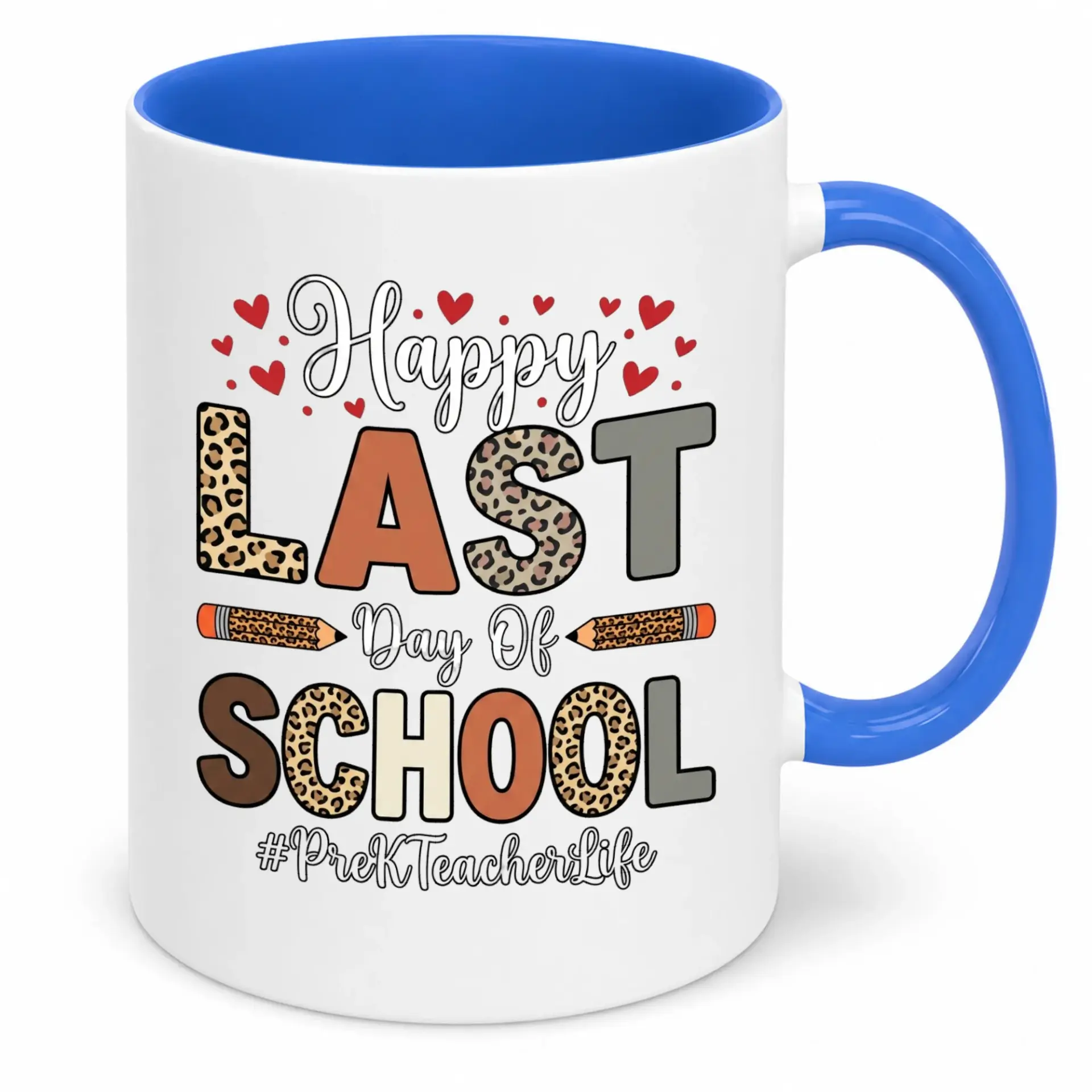 Funny Prek Teacher Coffee Mug, Happy Last Day of School Leopard Print Ceramic Drinkware, End of Year Appreciation Gift for Educators
