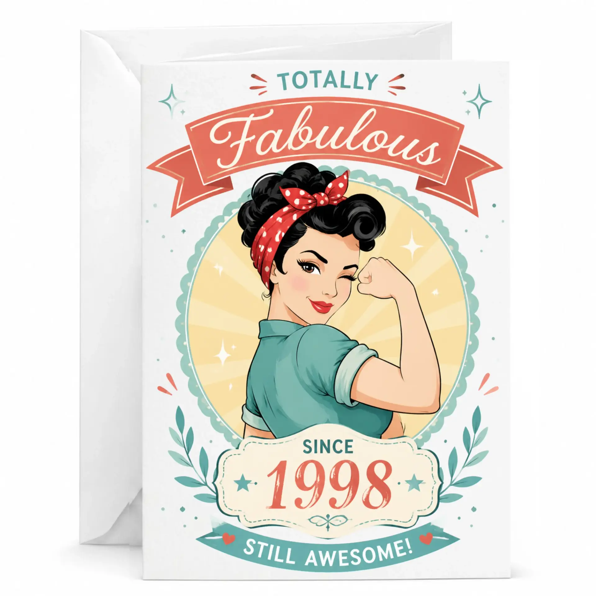 Greeting Card Totally Fabulous Since 1998 Vintage Style Retro Pinup Girl Illustration Folded Note for Birthday