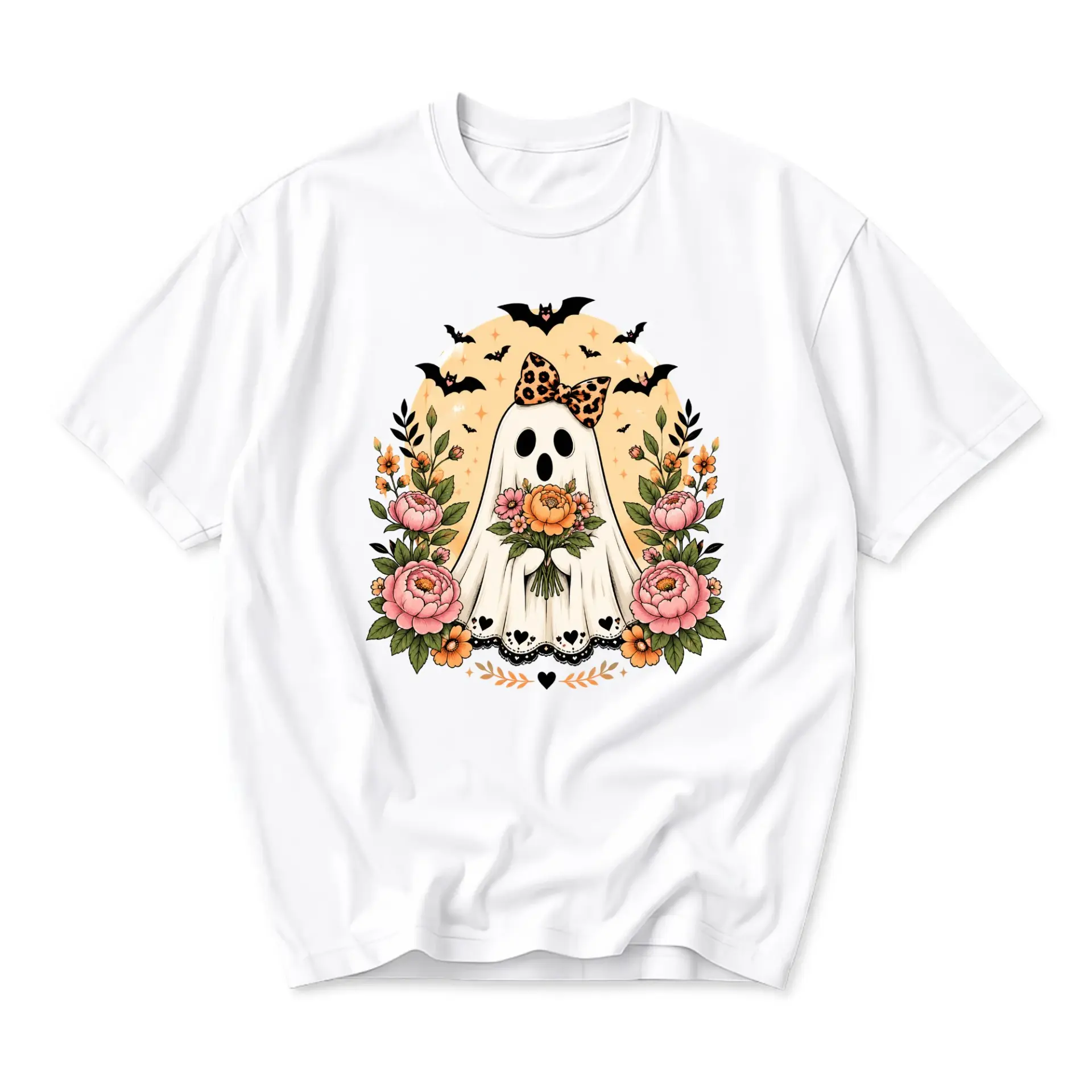 Graphic Tee Cute Ghost with Leopard Bow and Floral Bouquet Spooky Season Short Sleeve Casual Cotton Blend Shirt